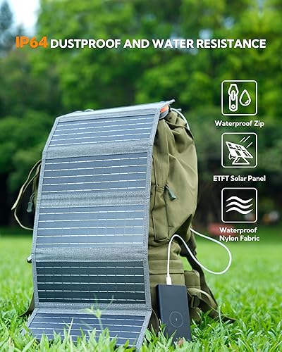 Miniatura 8 de LUMOPAL Panel solar plegable de 30 W, cargador solar portátil con PD USB-C 30 W USB-A de 18 W de salida máxima, panel solar de mochilero para