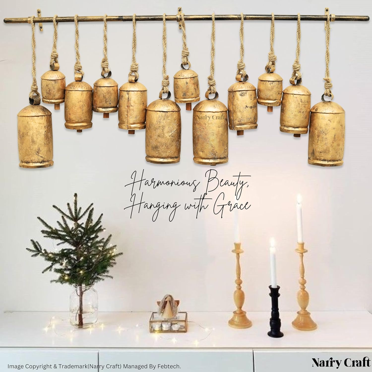 Handcrafted Gold Rustic Bells with Jute Rope - Perfect for Adding a Touch of Vintage Elegance to Your Home Décor, Indoor or Outdoor Spaces (12, Gold 5)