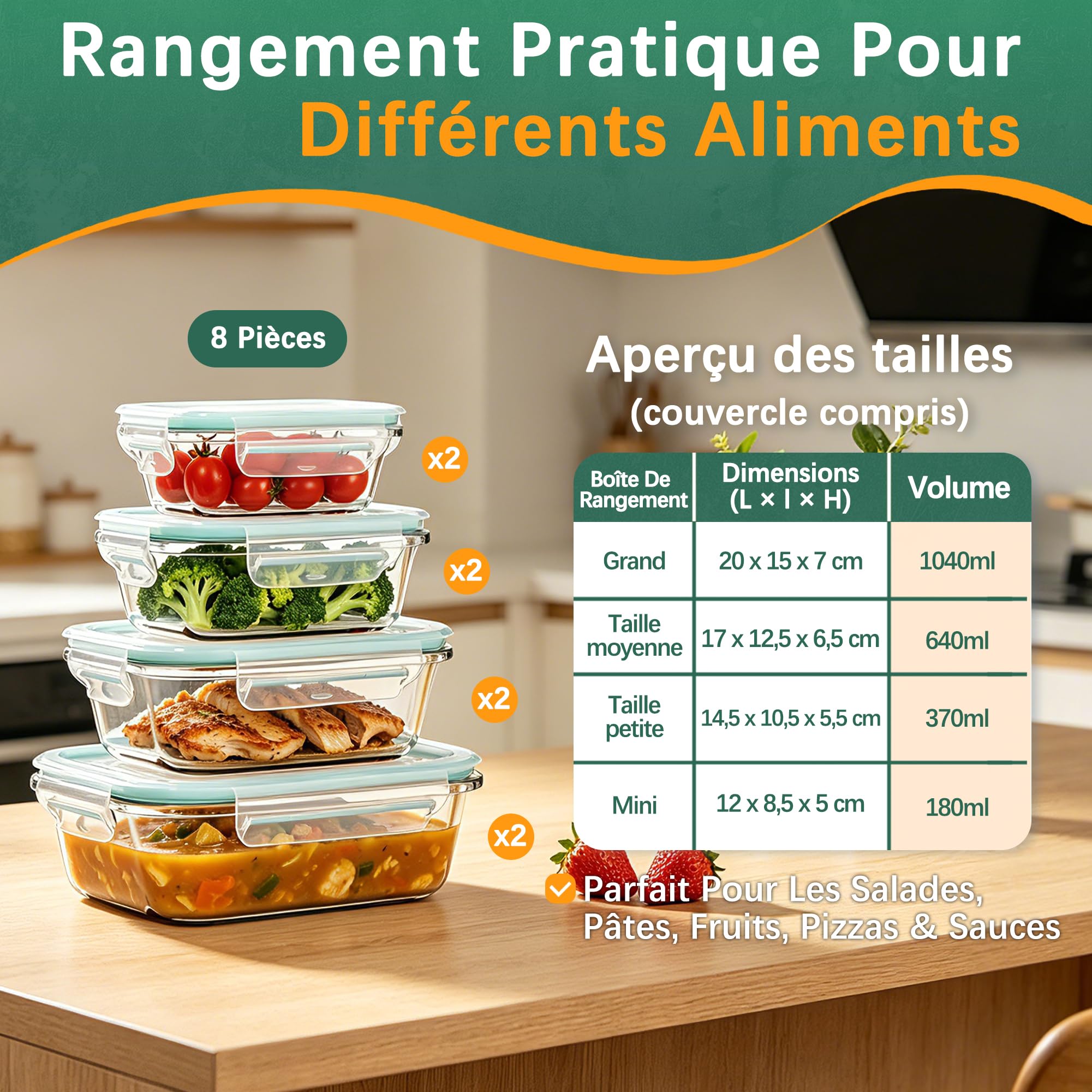 Lot de 8 Boîtes Alimentaires en Verre avec Couvercle | Récipients Hermétiques en Verre Borosilicate | Étanches & Empilables | Pour Congélateur, Micro-ondes | 1040ml, 640ml, 370ml, 180ml