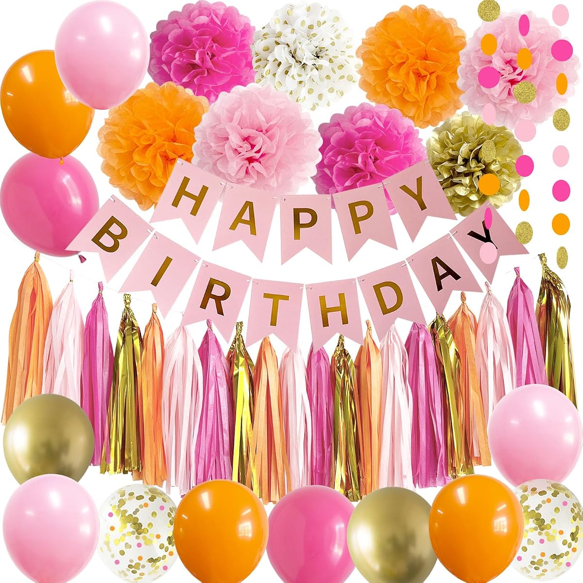 ANSOMO Decoraciones para fiesta de feliz cumpleaños rosa y naranja, pancarta dorada rosa fuerte, globos, suministros de decoración para mujeres, niñas, adolescentes, guirnalda de borlas, pompones de tejido