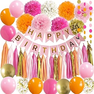 ANSOMO Pink and Orange Happy Birthday Party Decorations Hot Pink Gold Banner Balloons Décor Supplies Women Girls Teens Her Tassel Garland Tissue Pom Poms