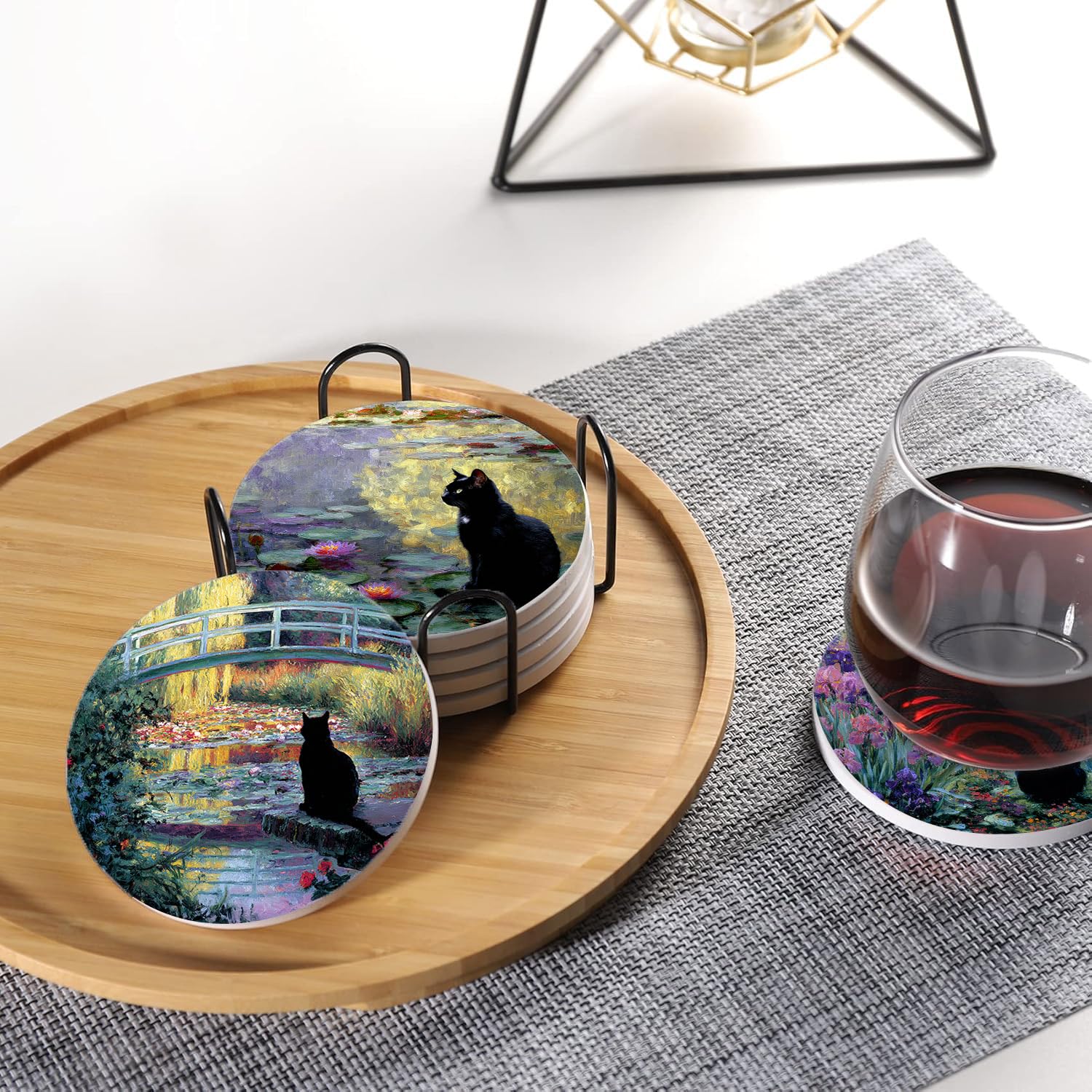 Drink Coasters - Water Lilies & Black Cat Set -5