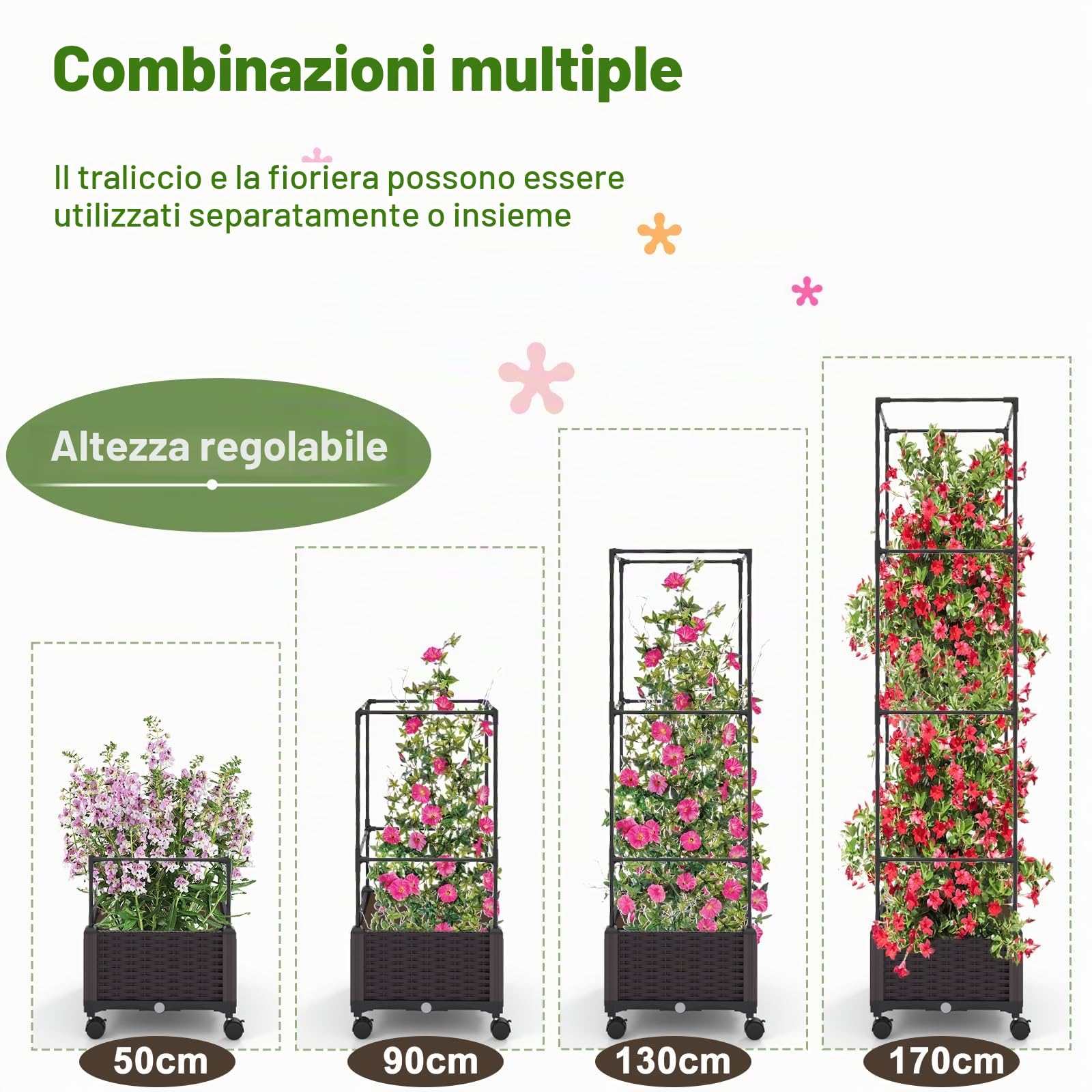 HOMASIS Fioriera con Traliccio per Piante Rampicanti da Esterno, Quadrato Orto Verticale con Sistema di Auto-irrigazione e Altezza Regolabile, Vaso Fiori Rialzato, 170 x 40 x 32 cm