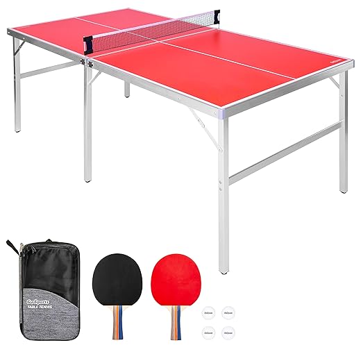 GoSports 6 x 3feet Mid-Size Table Tennis Game Set - Indoor / Outdoor Portable Table Tennis Game with Net, 2 Table Tennis Paddles and 4 Balls, Red