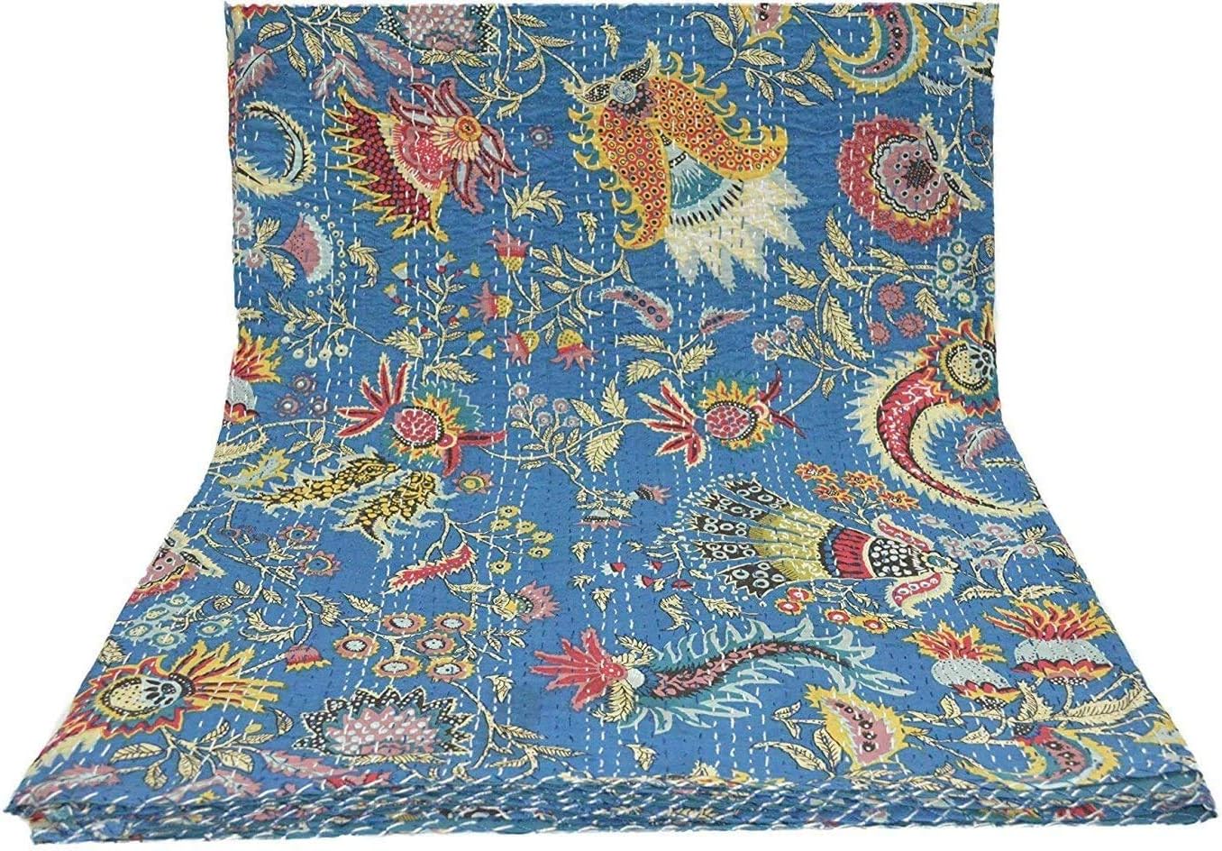 Crafts creation Multicolor Floral Print Indian Kantha Quilt, Kantha Blanket, Bed Cover, Queen Kantha bedspread, Bohemian Bedding Kantha (Queen)/ (twin) (Queen 90x108 inch)