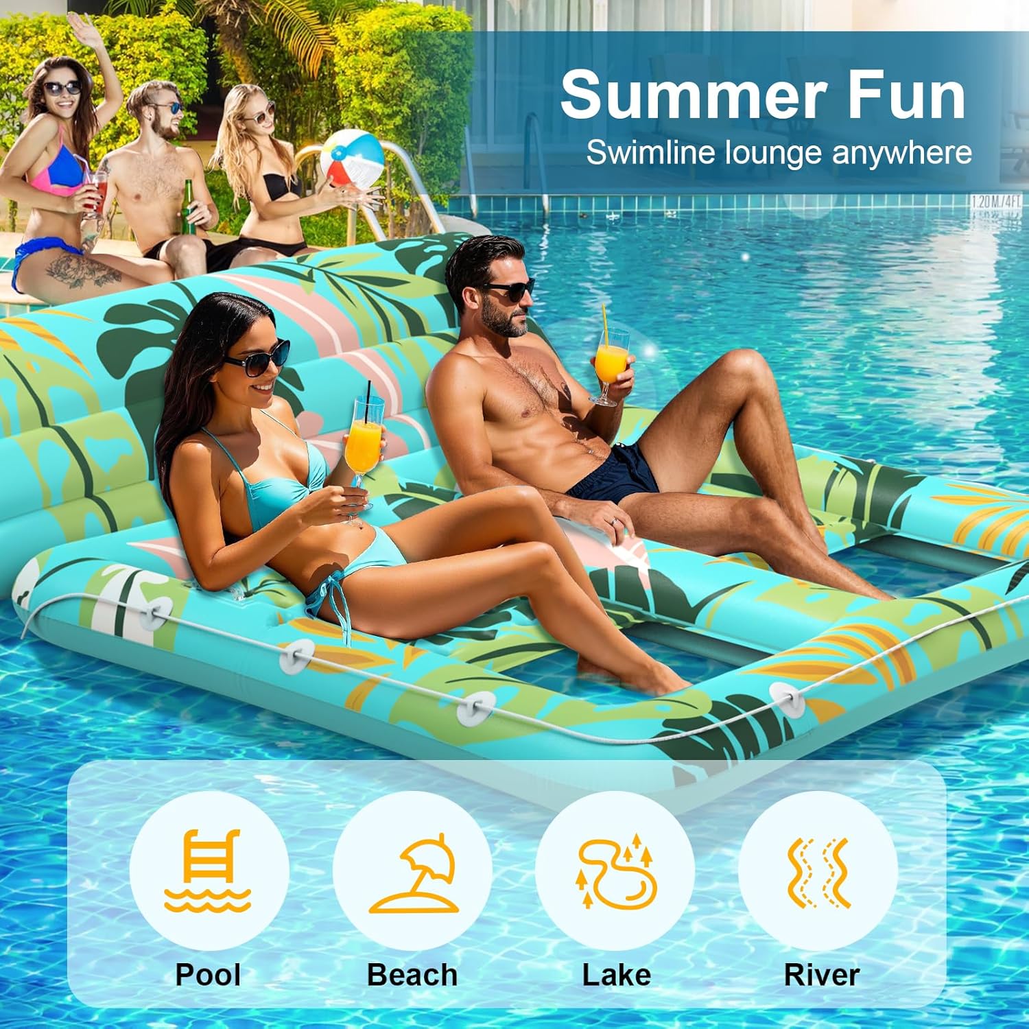 Pool Floats Adult Pool Lounger Float: 2 Person Inflatable Lake River Swimming Beach Party Travel Water Pool Float Chairs Raft - Giant Large Multiple Pool Mattress with Cup Holder - Green