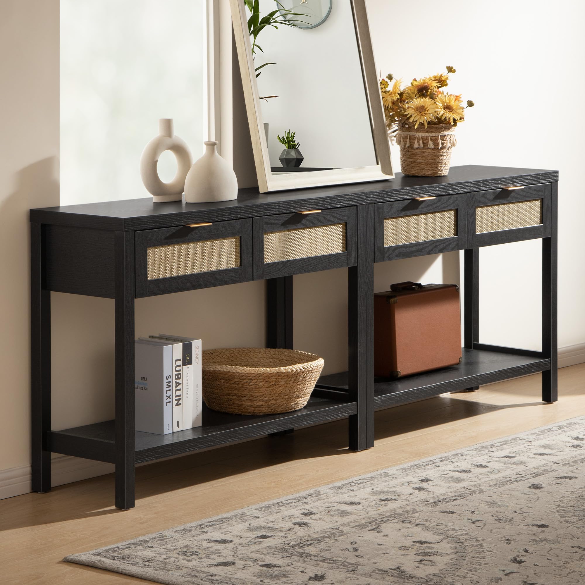 SICOTAS Black Console Table Set of 2 - Boho Entryway Table with Rattan Drawers, 2 Tier Shelf, Narrow Long Sofa Tables for Living Room, Entry Table for Hallway, FoyerThe Forest Stewardship Council