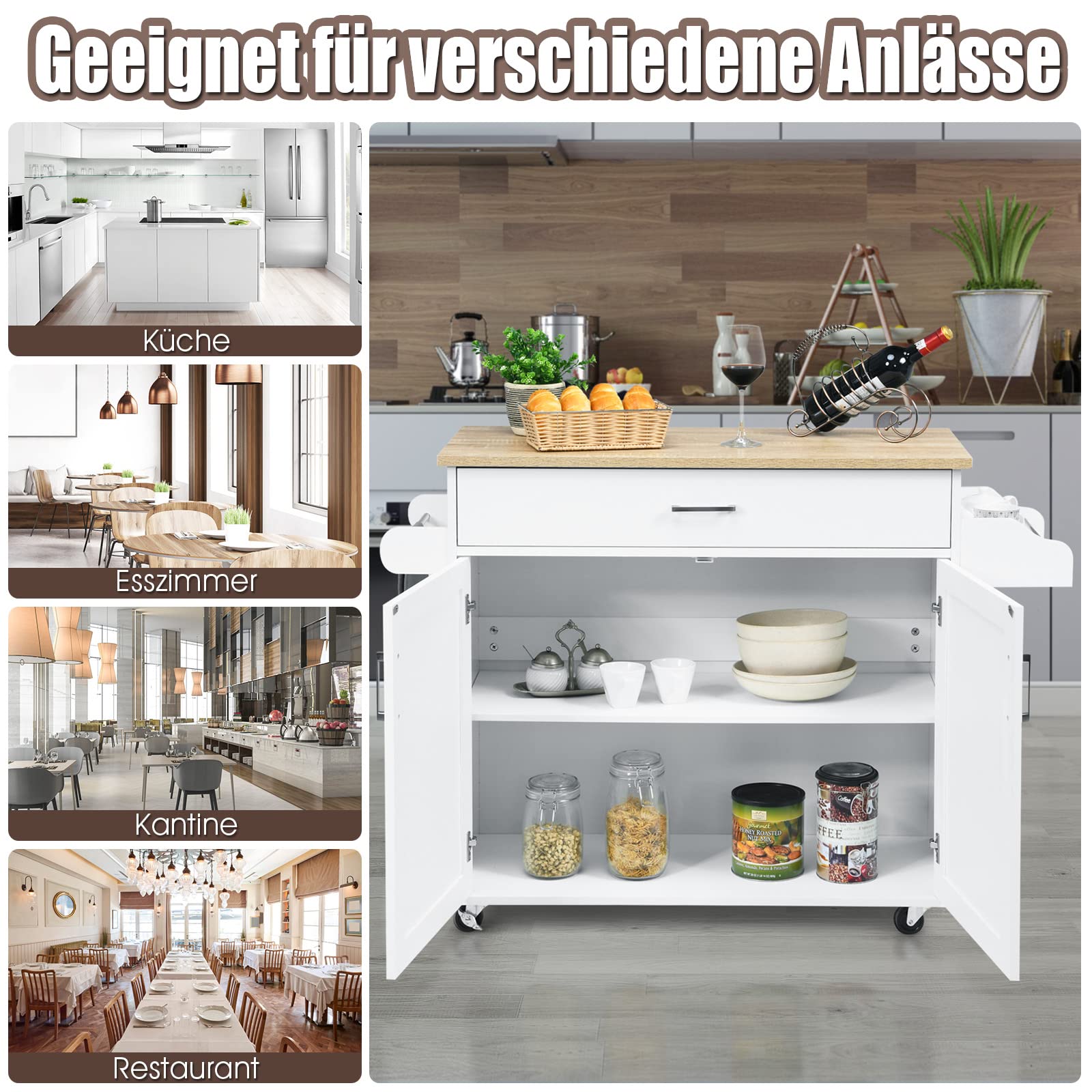 COSTWAY Küchenwagen mit Handtuchhalter und Gewürzboard, Kücheninsel mit Schublade und höhenverstellbare Ablage, Küchenschrank rollbar, Servierwagen aus Holz, Kücheninselwagen (Weiß)