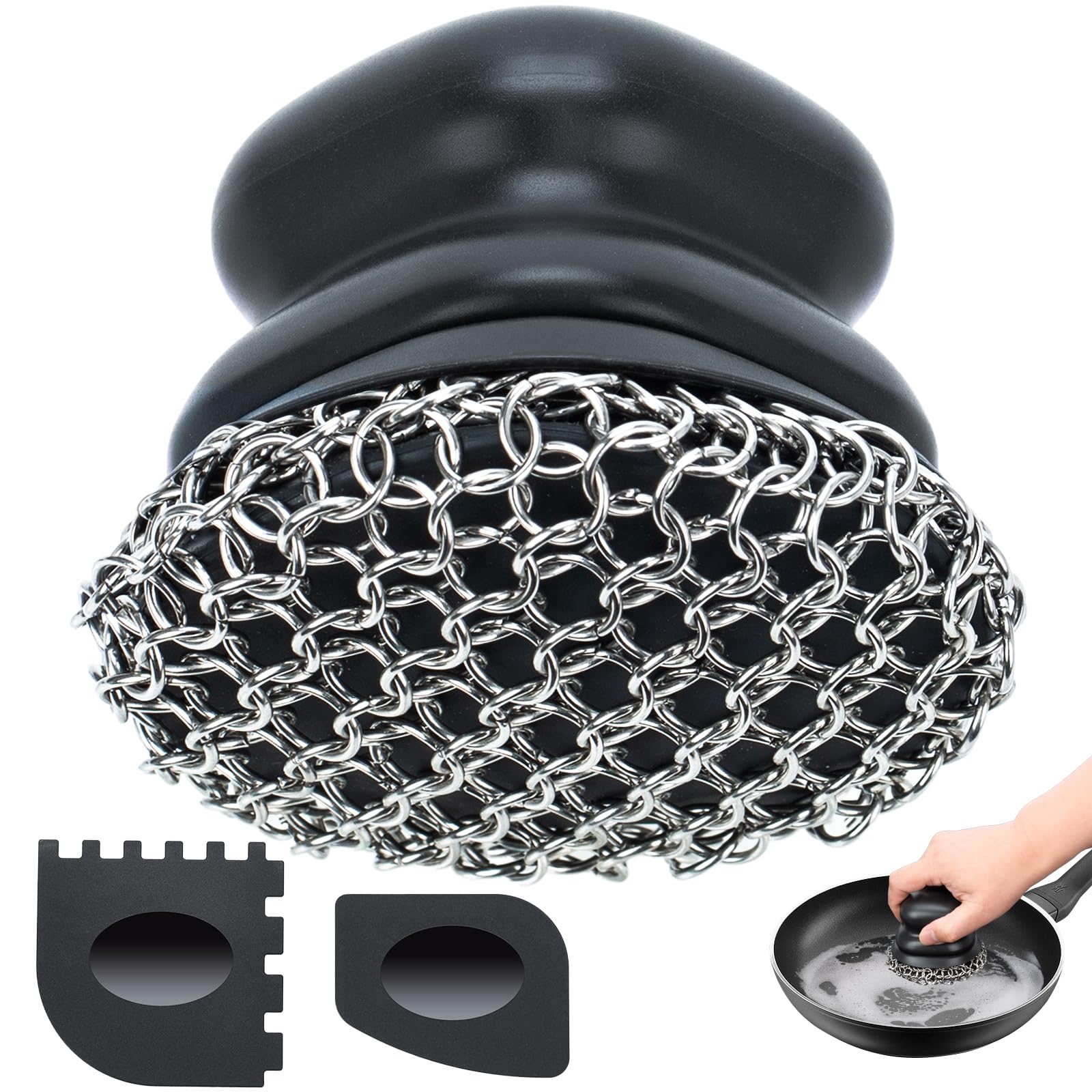 Cast Iron Scrubber with Scraper, Palm 316 Cast Iron Cleaner Chainmail Scrubber with Ergonomic Grip, for Griddles,Grill Pan Skillet Wok Carbon Steel, Oven Metal Brush Cleaning Kit