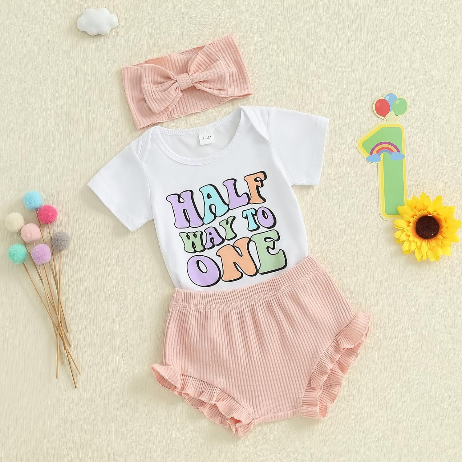 Baby Girl Half Birthday Outfit Half Way To One Short Sleeve Romper Ribbed Ruffle Shorts Headband 1/2 Birthday - Image 5