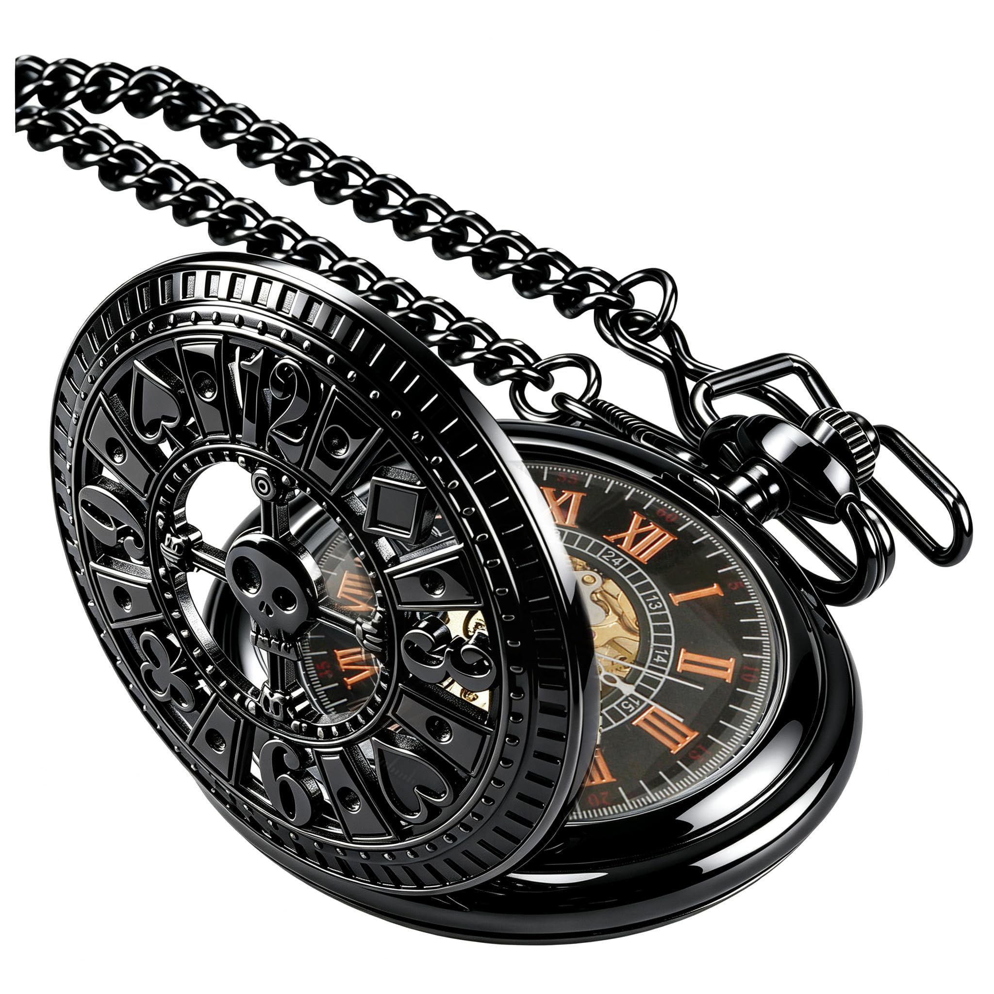 Reloj mecánico de bolsillo para hombre, diseño de huecos, números romanos, steampunk, con caja de cadena