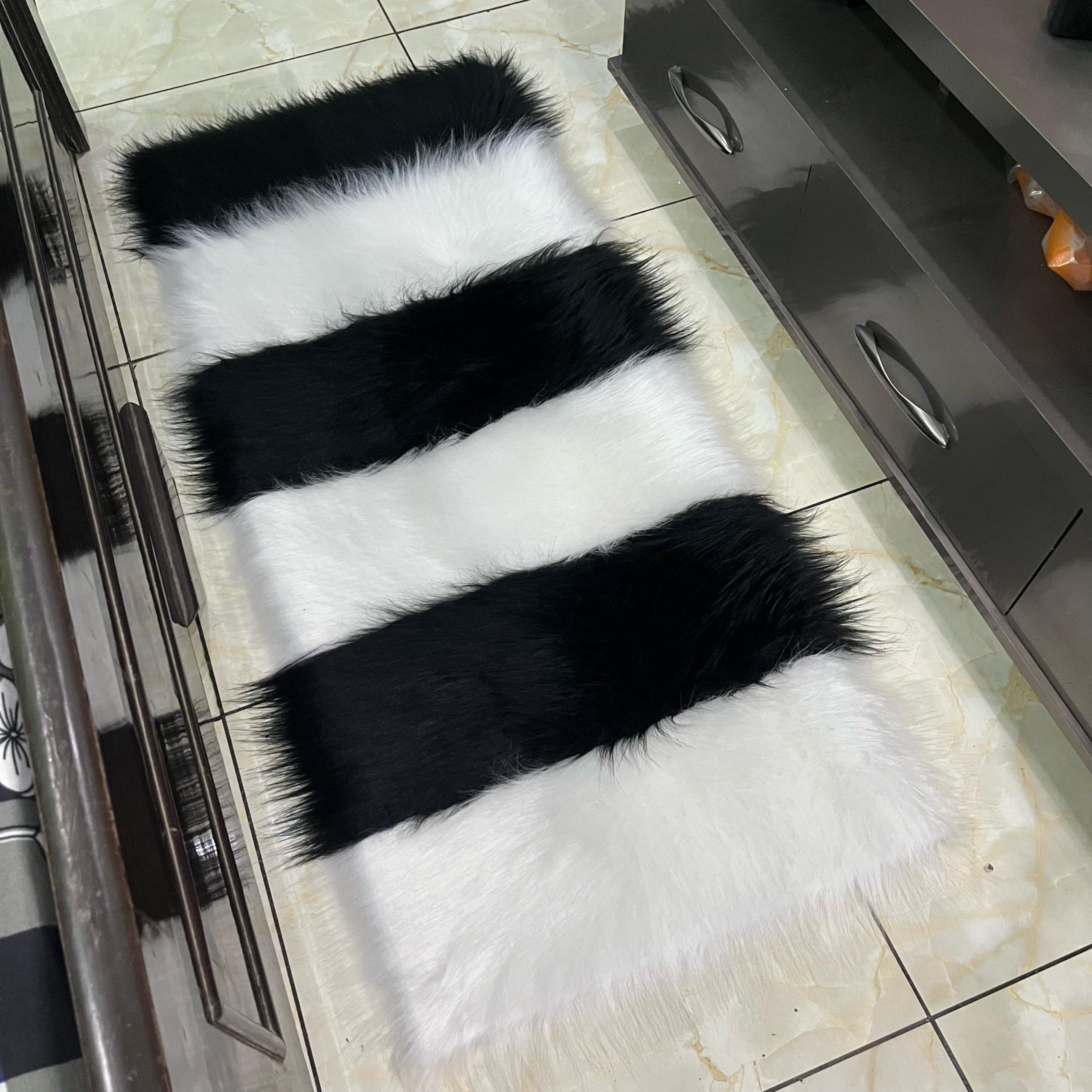 HOMDECLOYAL® Faux Fur Runner Hard Backing Rug, Fluffy Sheepskin Mat for Bedroom Living Room Floor Rug Home Décor Bedside Ruuner (2 feet x 5 feet - Runner, Black_White) (B0CYQ83GTY) Amazon Price History, Amazon Price Tracker