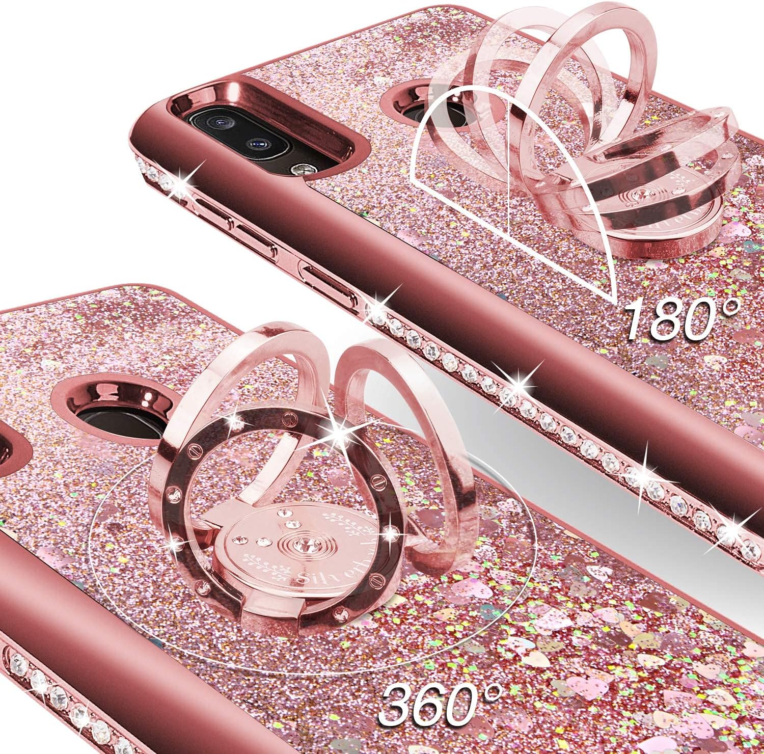 Silverback Galaxy A20 Case,Galaxy A30 Case, Moving Liquid Holographic Sparkle Glitter Case with Kickstand, Bling Bumper with Ring Stand Slim Samsung Galaxy A20 Case for Girls Women -Rose Gold