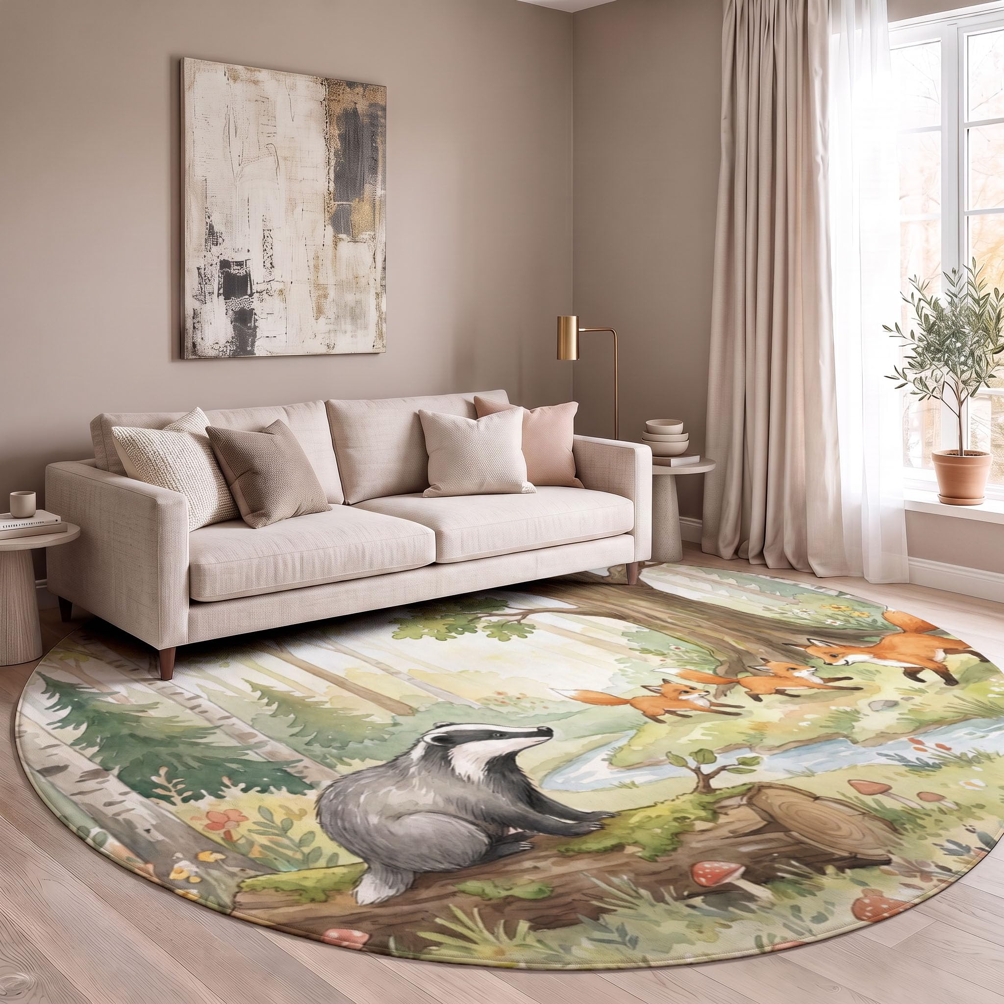 Lavable Tapis Rond Animaux Frais À L'Aquarelle
