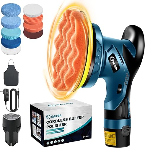 Saker Pulidora inalámbrica para automóvil kit de máquina enceradora portátil de 6 pulgadas para detalles de automóviles con 1 batería de 12 V 2000