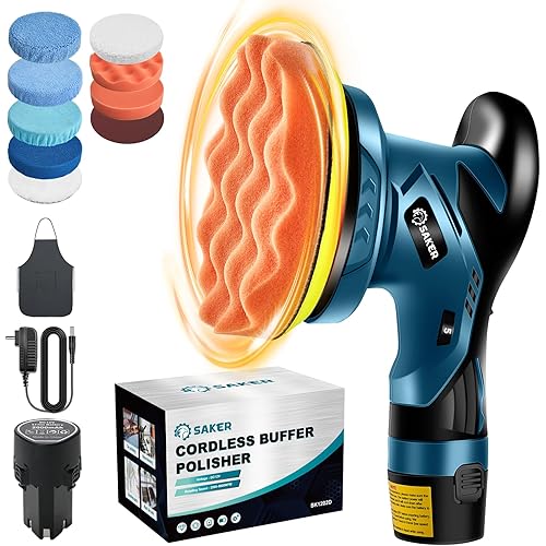 Saker Mini Cordless Buffer Polisher - 6 Inch Portable Polishing Machine Kit for Car Detailing, with 1PC 12V 2000mAh Rechargeable Battery, extra 10 PCS Attachments