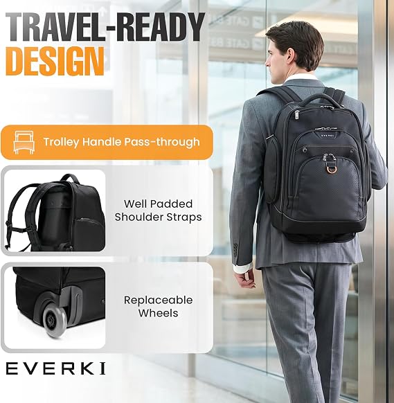 EVERKI Atlas Wheeled 2 Laptop Rolling Backpack for Men & Women, Grey - 30L