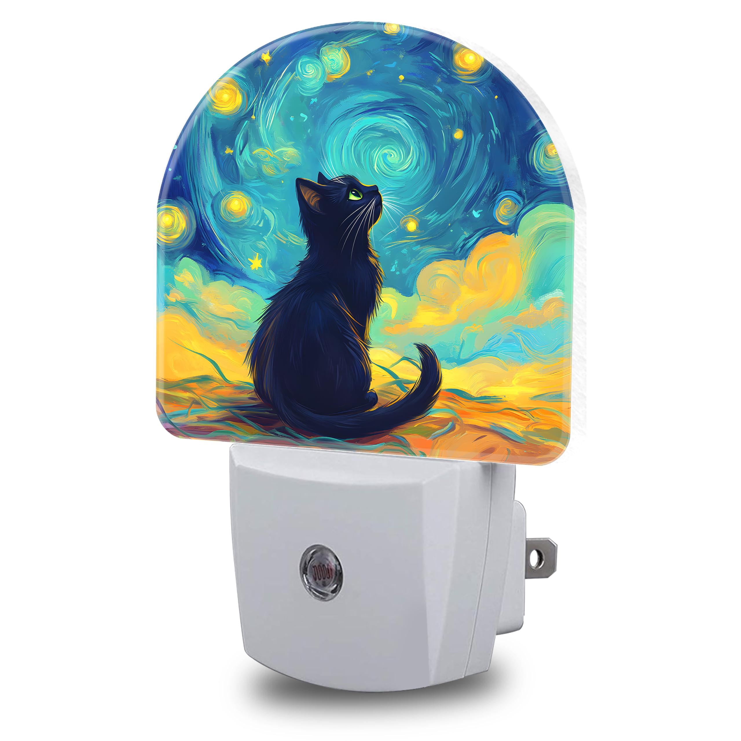 Night Lights Plug into Wall Black Cat Watching Starry Night Night Light Dusk to Dawn Smart Sensor Decorative Round Led Lamp for Bedroom Kitchen Hallway Nightlight for Women Men