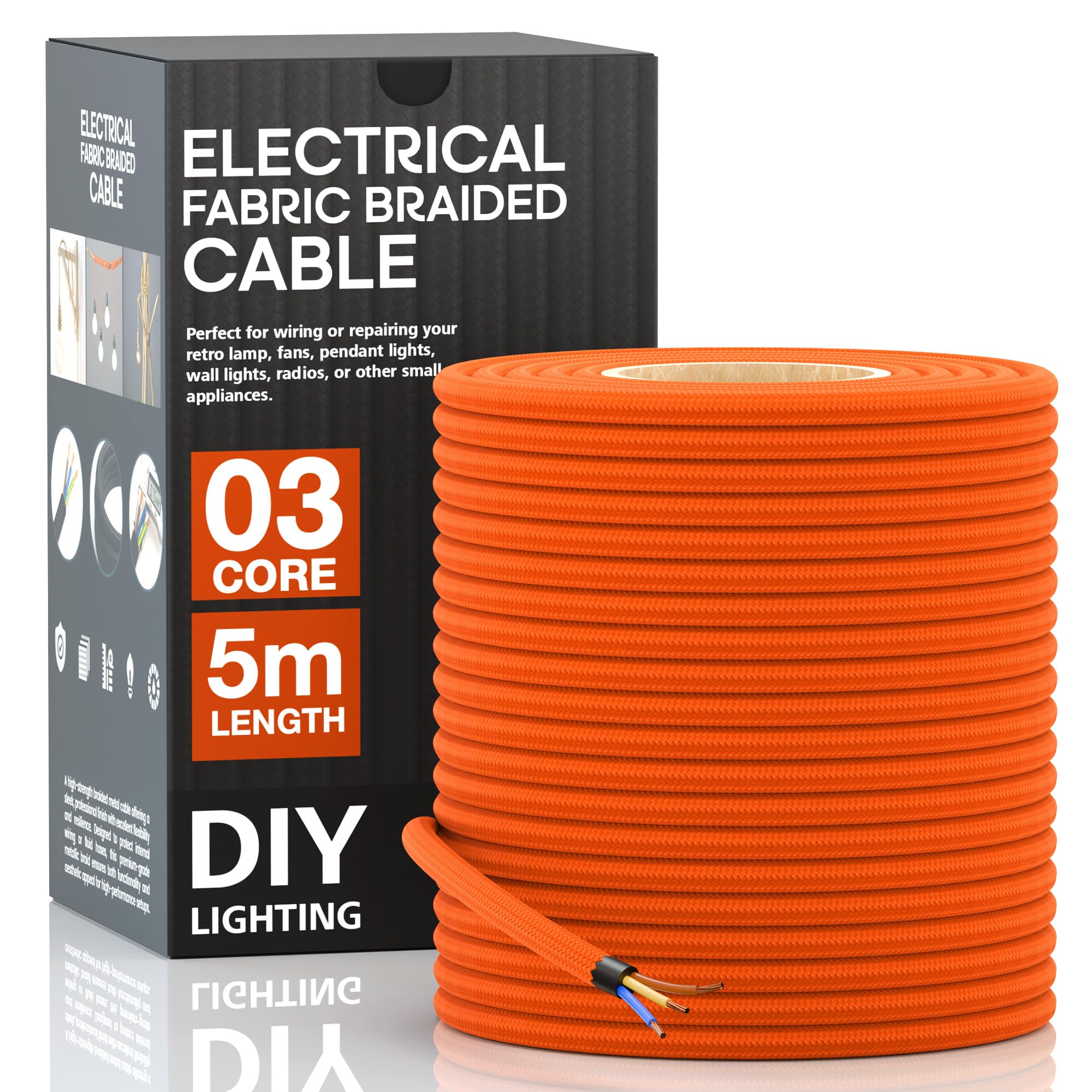 LEDSone 3 Core Round 5 Meter Orange Fabric Braided Flex Lighting Cable, Vintage Electrical Cable Wire Flexible Fabric DIY Electrical Wire for Lamps, Flex Cables for Appliances (Orange) — image 1