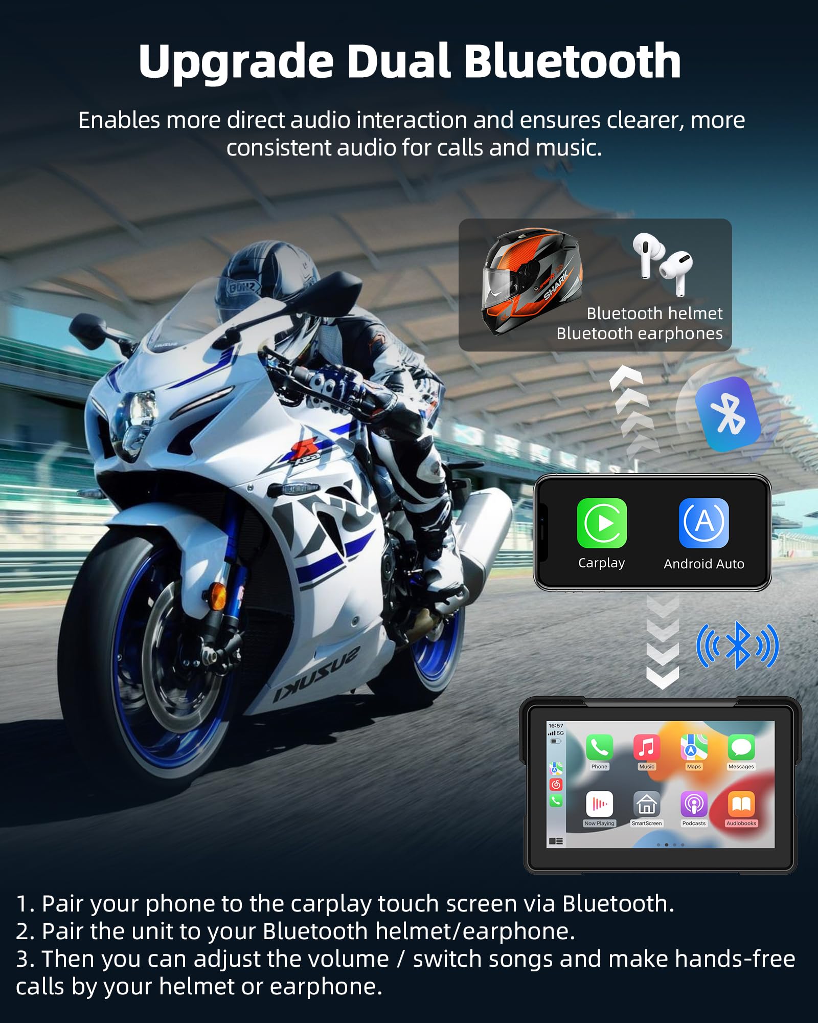 Jansite Moto Carplay Android Auto con cámara de salpicadero 2K delantera trasera, dispositivo de navegación de 7 pulgadas, IP67 resistente al agua, doble pantalla Bluetooth, grabación continua 64 G TF