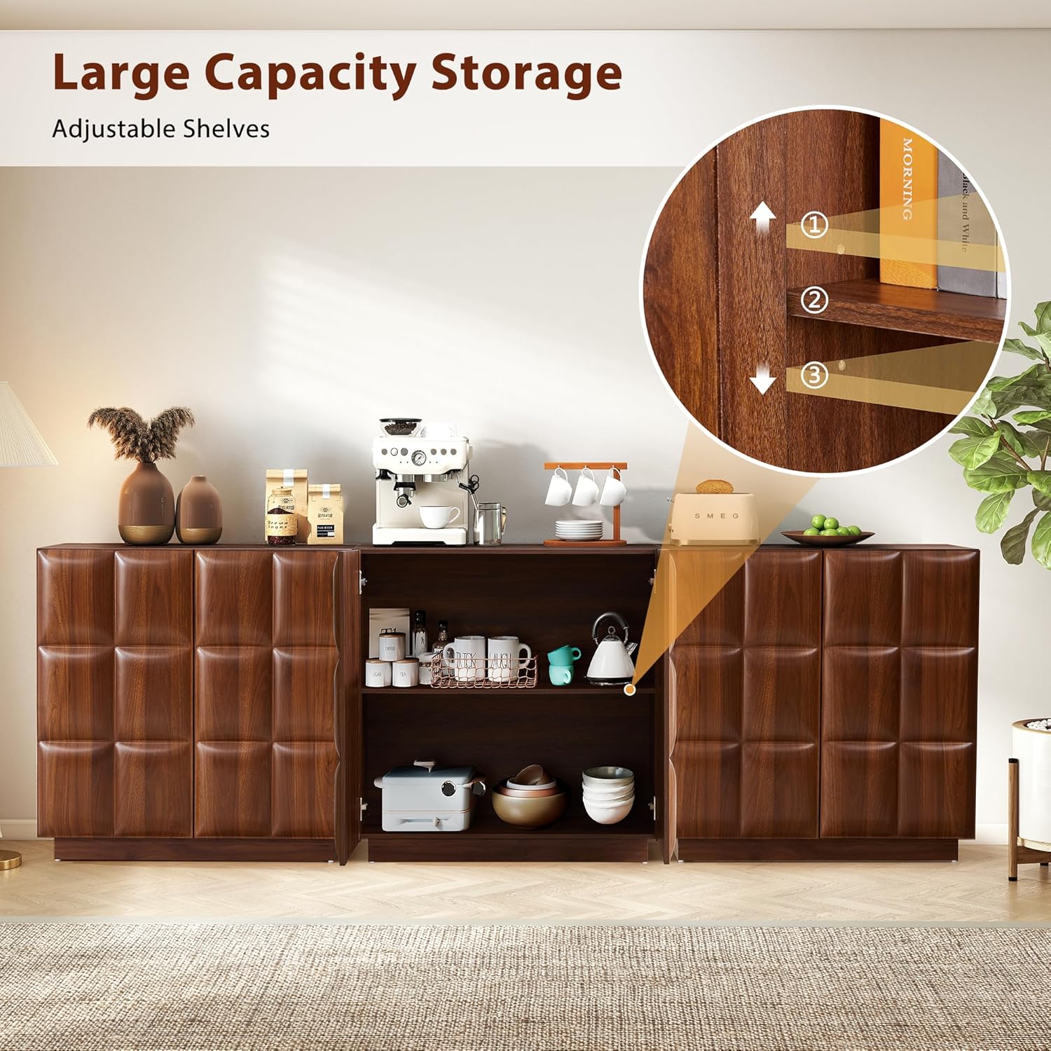 Sideboard Buffet Cabinet with Storage, Accent Storage Cabinets with 6 Doors, Mid Century Modern Credenza Wood Cabinet with Plaid Pattern, Console Table for Living Room Dining Room Hallway,Walnut 3 PCS