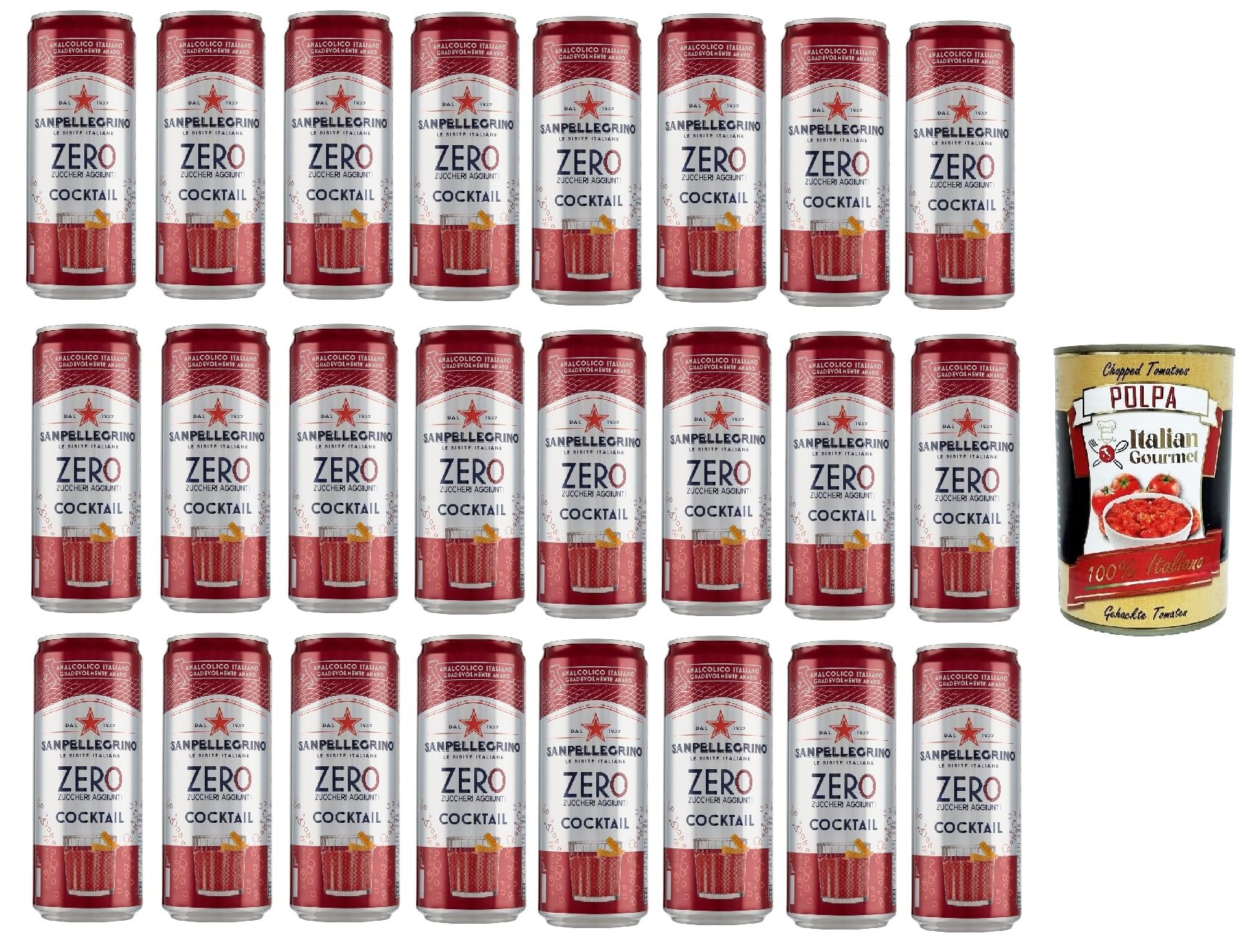 24x San Pellegrino cocktail zero Ingwer Zero dosen ohne Zucker 33cl Aperitivo Softdrink ohne Alkohol ohne Zucker + italian gourmet polpa 400g