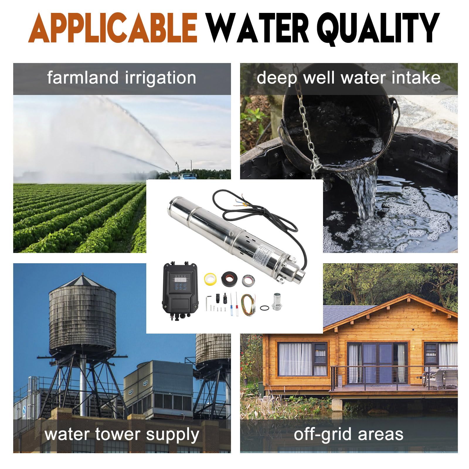 Topteng 3" 72V 1.2KW Deep Well Solar Submersible Bore Hole Water Pump, 180M Head, 2000L/H Flow, Brushless DC Motor, MPPT Controller, Stainless Steel Body, Apto para Solar Panels 6X 200-300W