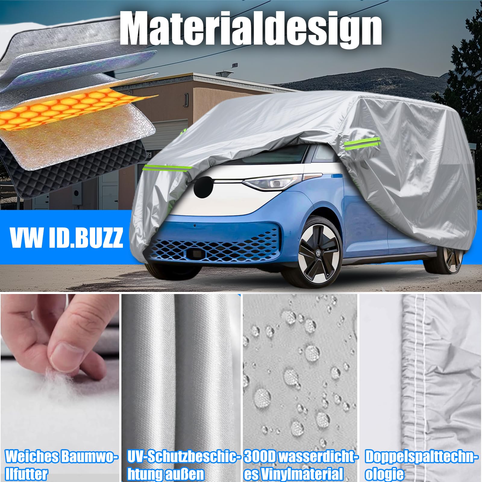Cubierta para VW ID. Buzz, Dupont Oxford Lona para ID. Buzz Cargo/Pro, con rayas reflectantes, cubierta completa para VW ID. Buzz Protección para todo el año, resistente al agua y a los rayos UV (gris