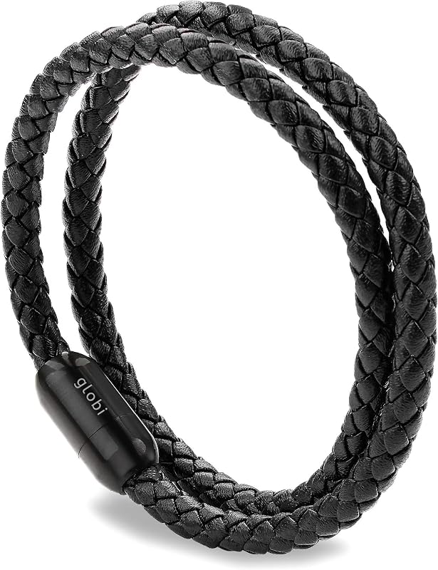 globi Leather Bracelet For Men | Genuine Wrap Braided Leather Cuff Bangle Bracelet with Magnetic Stainless Steel Clasp For Men/Women
