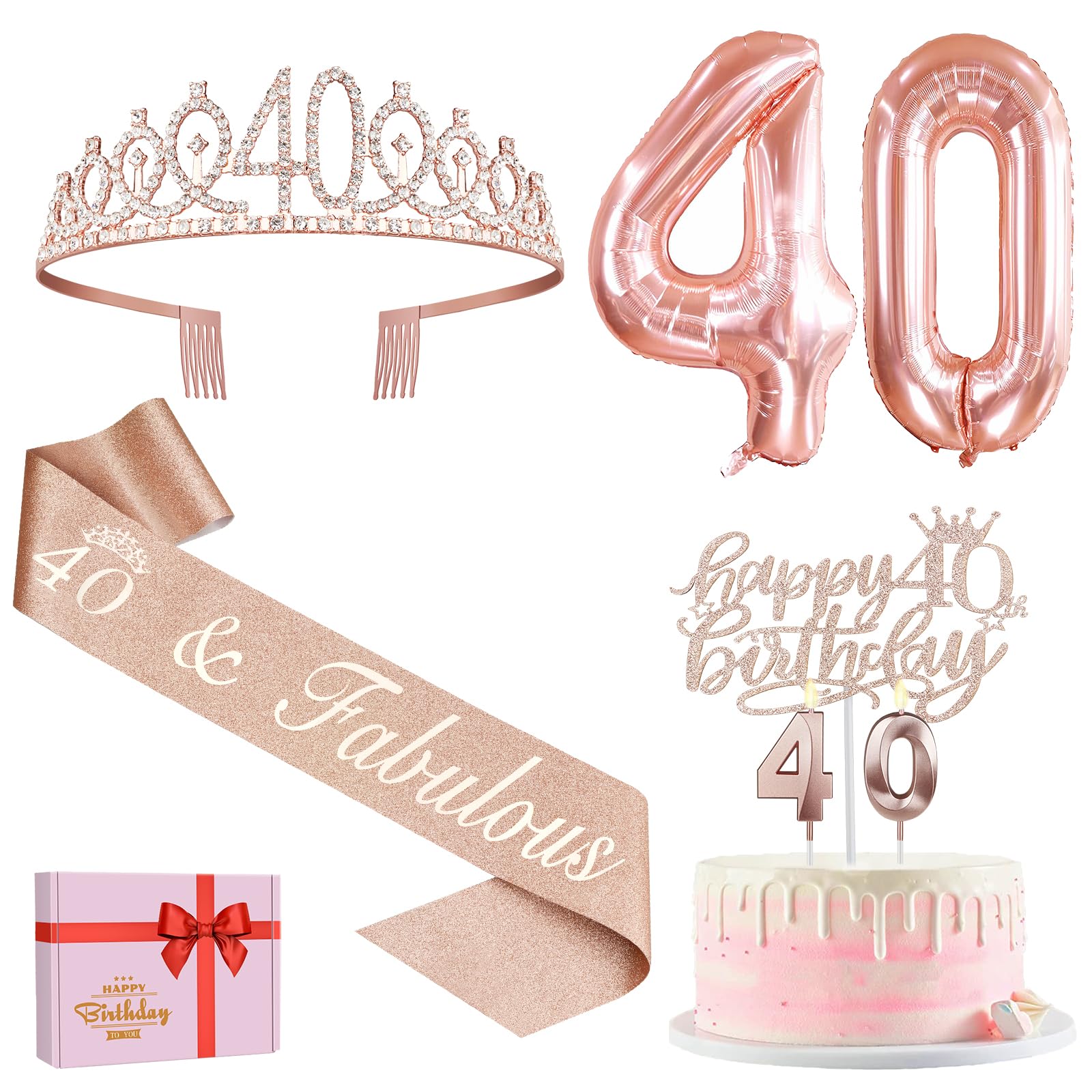 40th Birthday Decorations Women, Include 40th Birthday Sash and Crown, Cake Topper and Candles, Number Balloons, 40 Year Old Gifts for Women