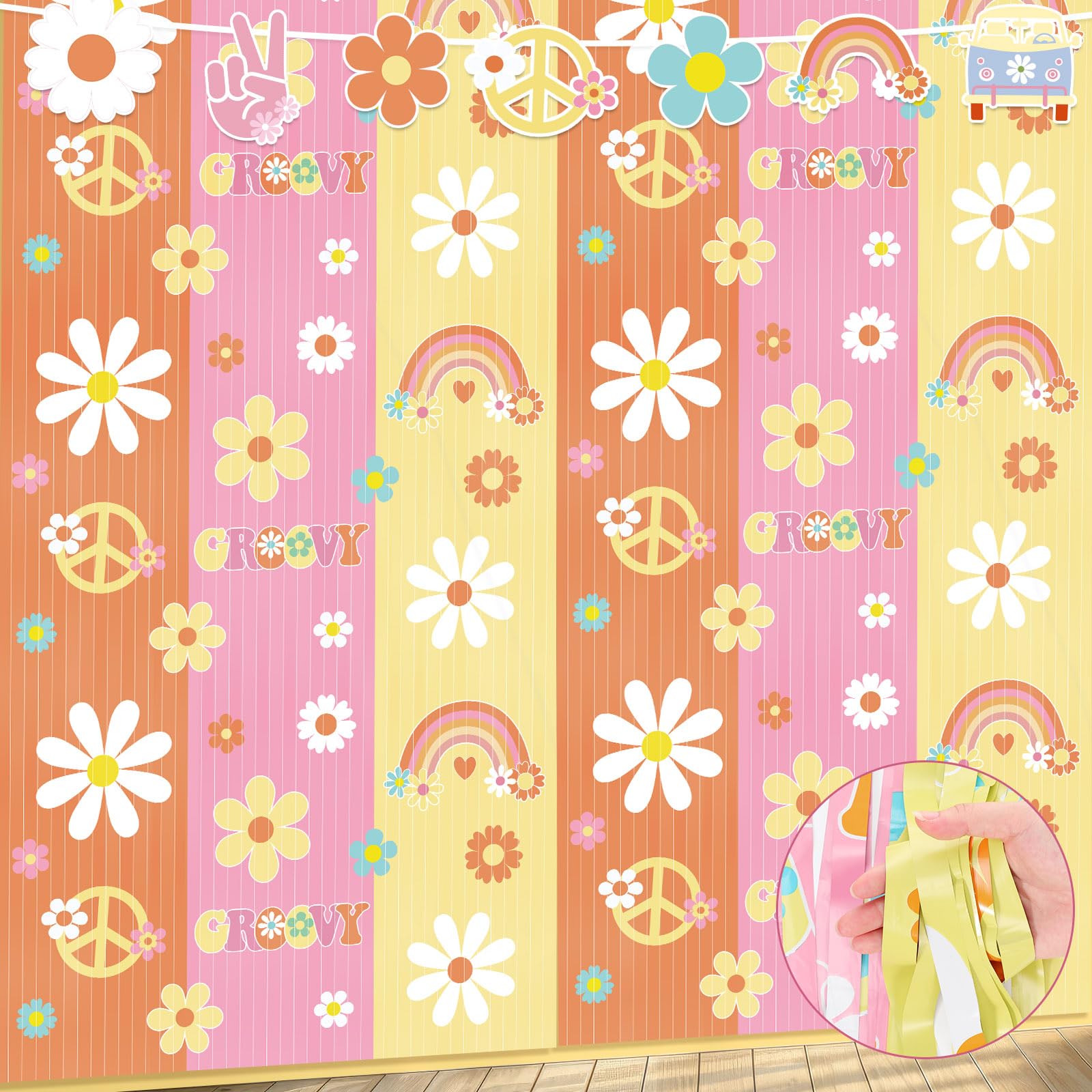 WovWeave 2 Packs Hippie Boho Foil Fringe Curtain 3.3 x 6.6 ft Two Groovy Fringe Backdrop Colorful Retro Daisy Tinsel Streamers for Boho Hippie Groovy Retro Themed Birthday Party Decoration