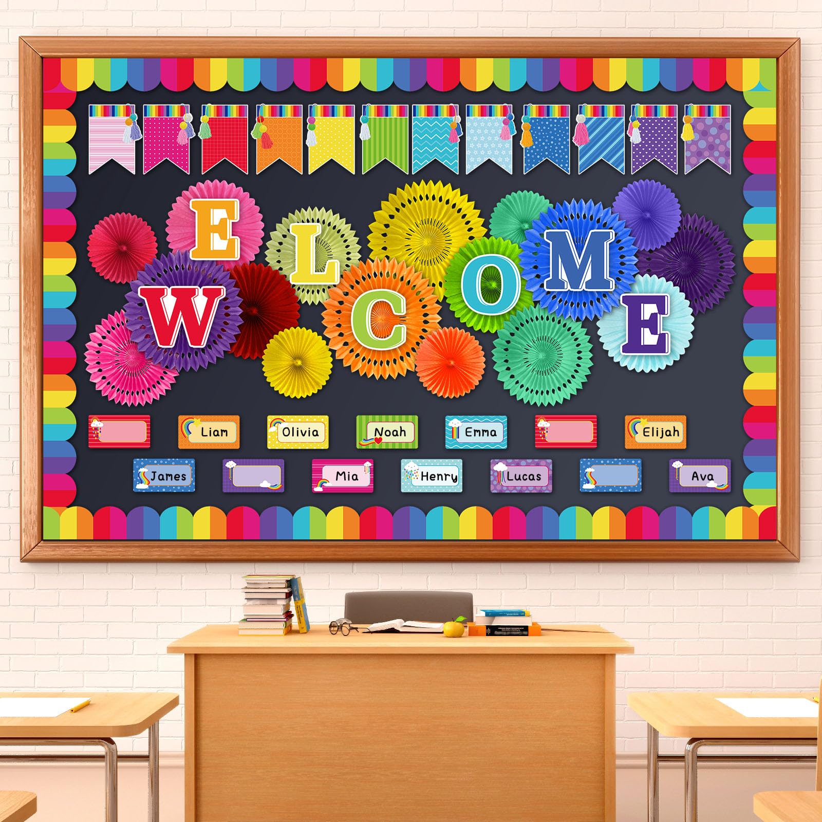 Qilery Welcome Bulletin Board Sets Welcome Back Classroom Decorations Bulletin Board Nameplate Cutout Paper Fans Banner for Back to School Chalkboard Wall Decor (Colorful)