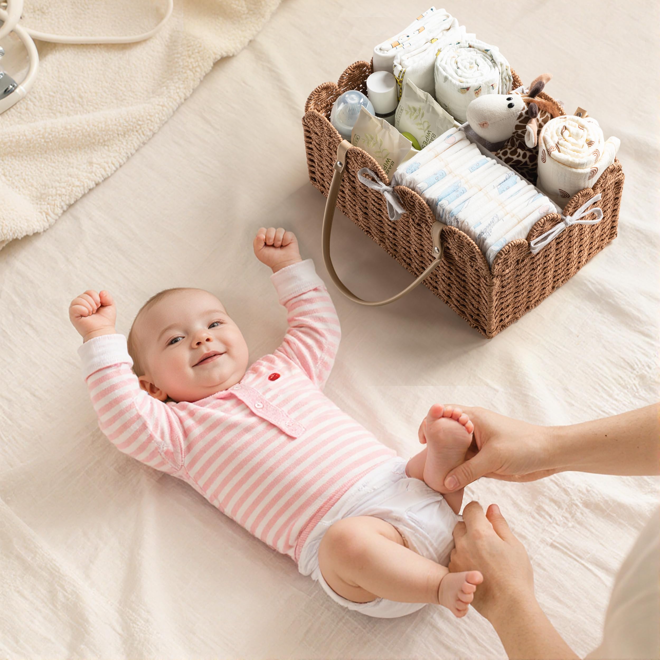 HBlife Grand panier à couches pour bébé, panier de rangement en corde de papier avec séparateur amovible, organiseur portable de voiture pour couches, cadeaux de fête prénatale, essentiels pour