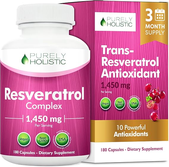Purely Holistic Resveratrol 1450mg, 90 Servings, Trans-Resveratrol Antioxidant Supplement with Vitamin C and Polyphenol Complex, 180 Vegan Capsules