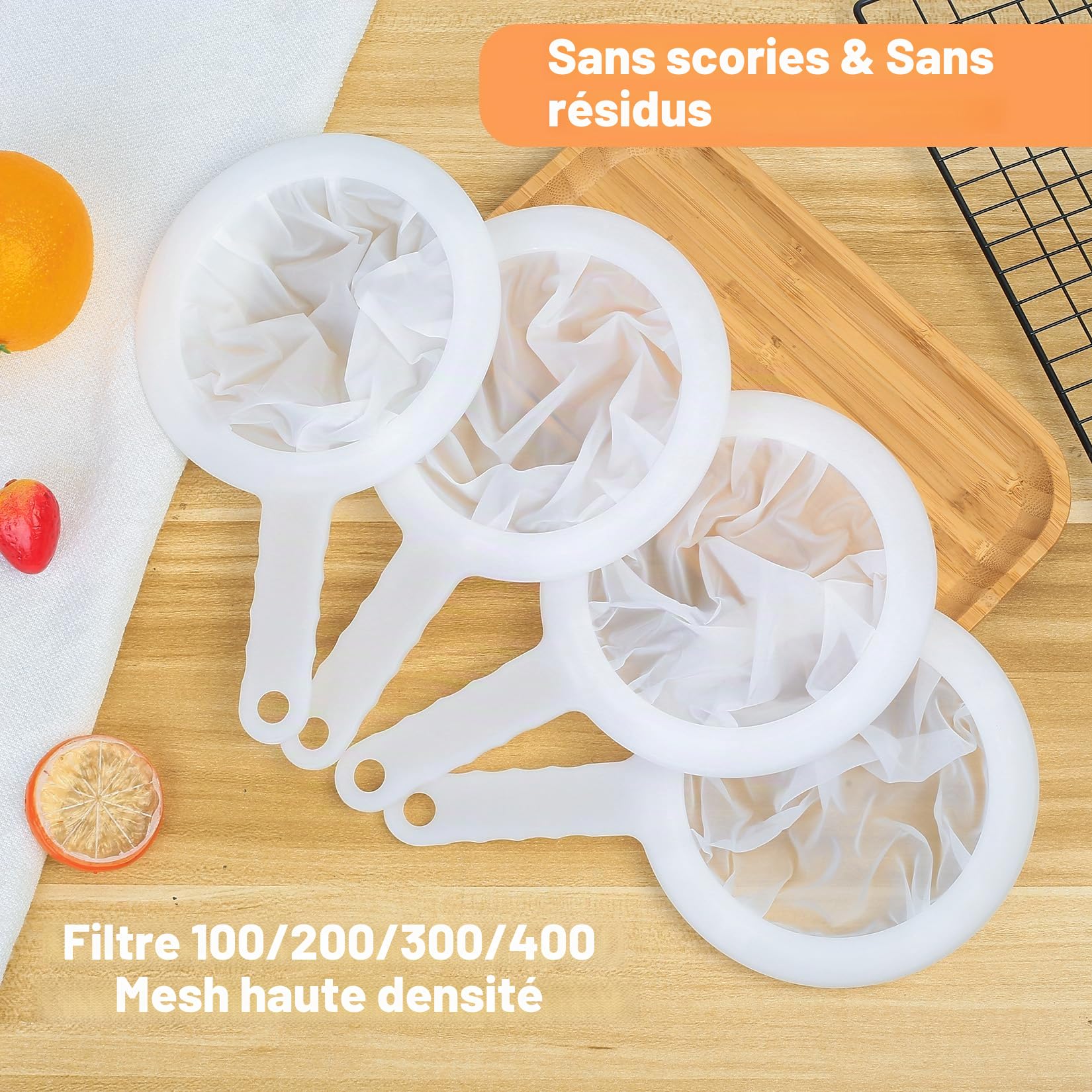 Filtre à Tamis Fin avec Poignée, Alimentaire Filtres en Nylon, 100/200/300/400 Mailles Tamis Cuisine pour Filtrage Jus Lait Café