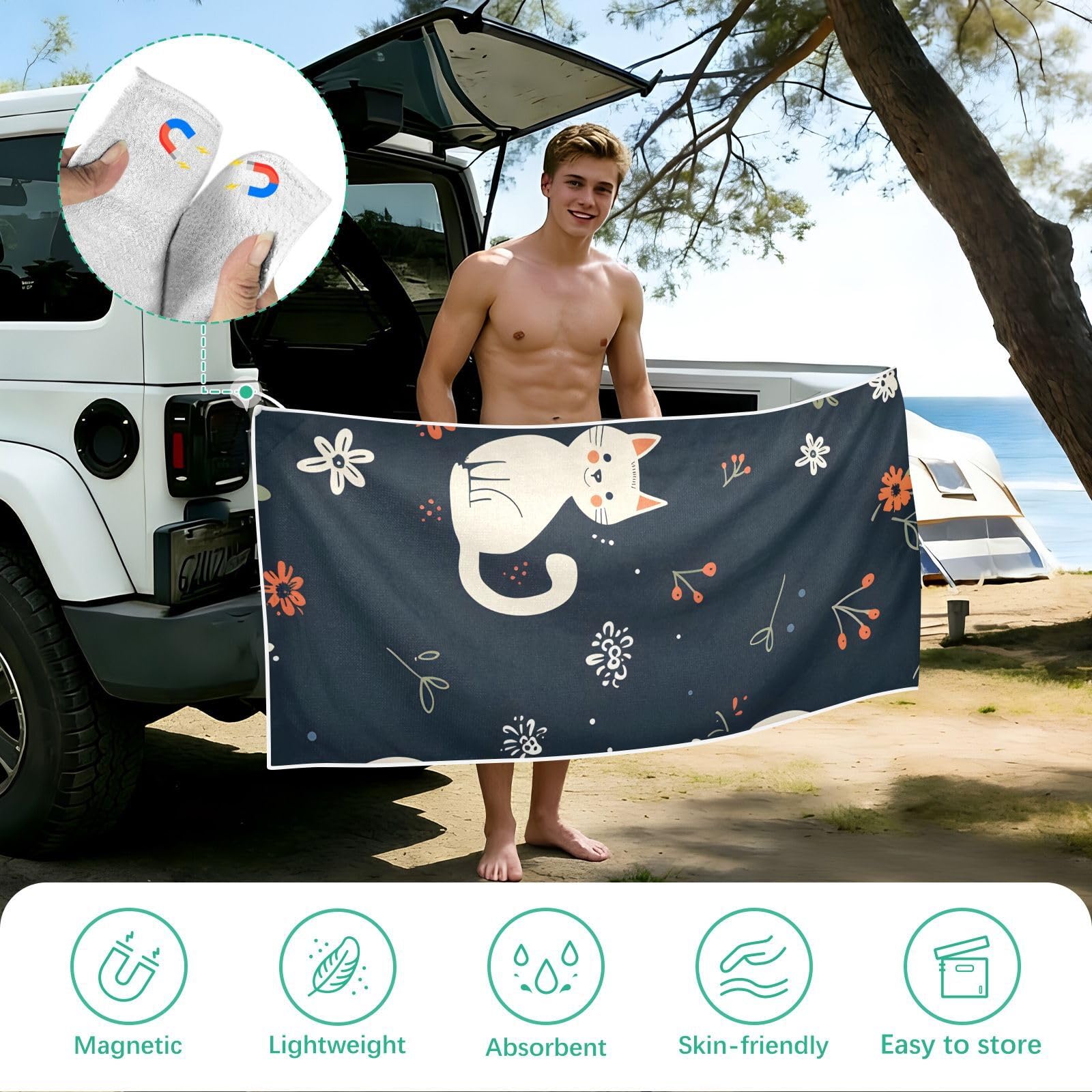 Grandes serviettes de plage avec sacs en maille pour adultes, motif chat et fleur de dessin animé avec fermeture magnétique, serviette absorbante à séchage rapide pour piscine, camping et voyage