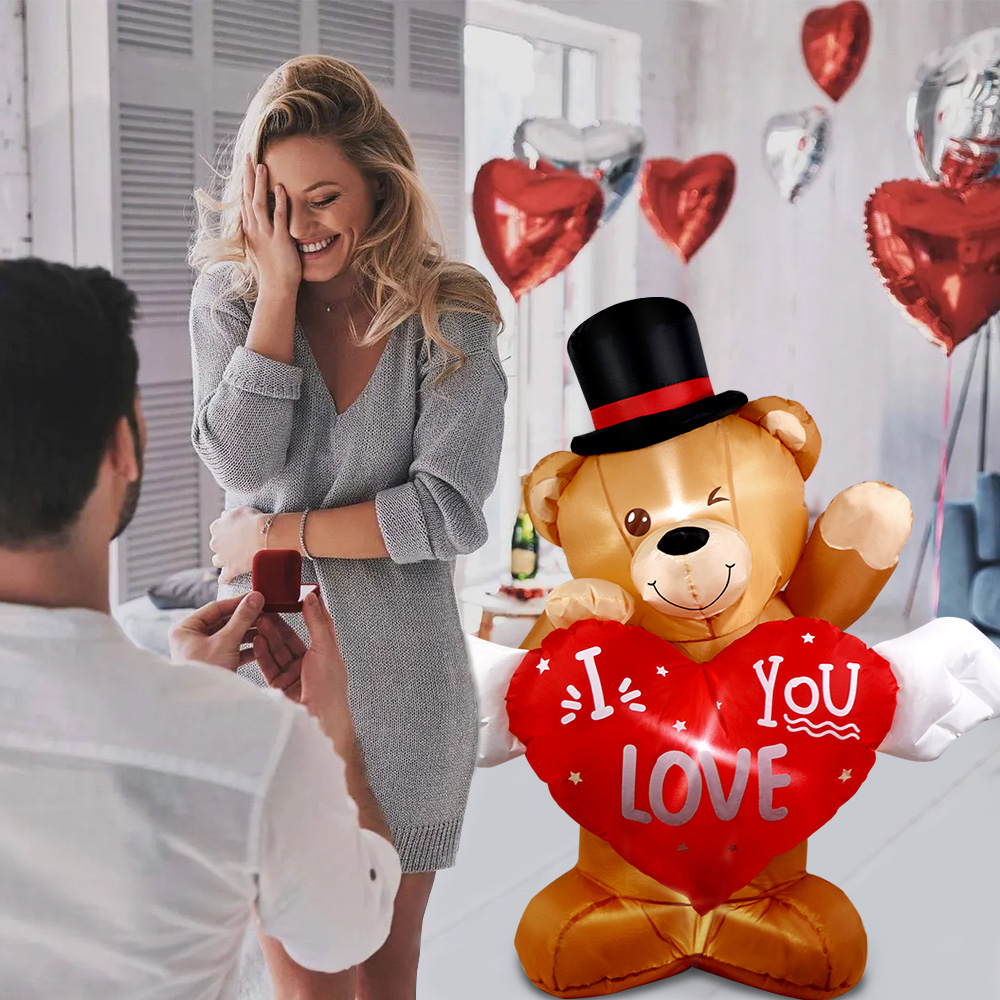 B&D 4FT Valentine's Day Inflatable Bear Holding Love Heart, Gifts Blow Up Yard Decorations With Built-in RGB LED Lights For Party, Anniversary, Wedding, Propose, Garden, Lawn