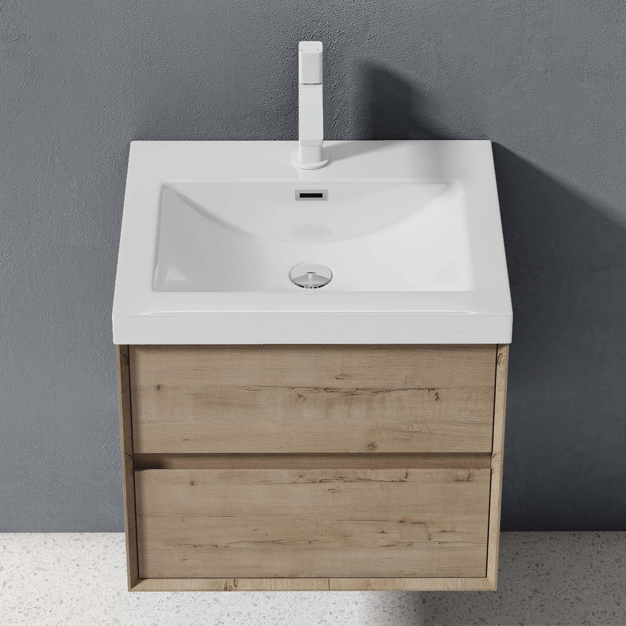 doporro Badmöbel Set Waschtischunterschrank Waschtisch mit Unterschrank Wandhängender Waschbecken-Unterschrank mit Soft-Close in Eiche Greige 60cm inkl. Mineralguss-Waschbecken Rimo
