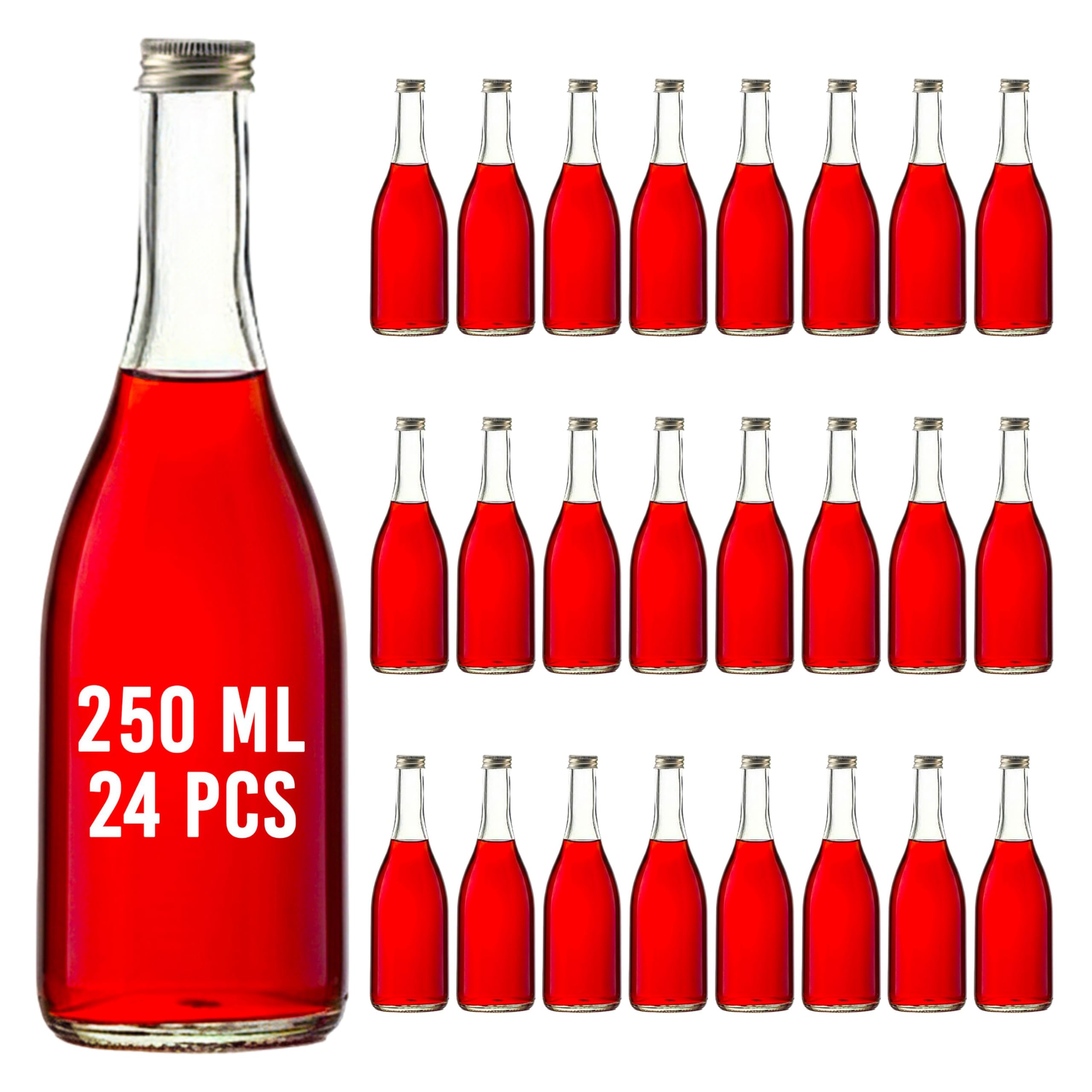 24 x 250 ml Empty Glass Bottles Gradi Liquor Bottles with Screw Cap, Wine Bottle, Smoothie, Schnapps Bottle, Vinegar Oil Bottle for Filling