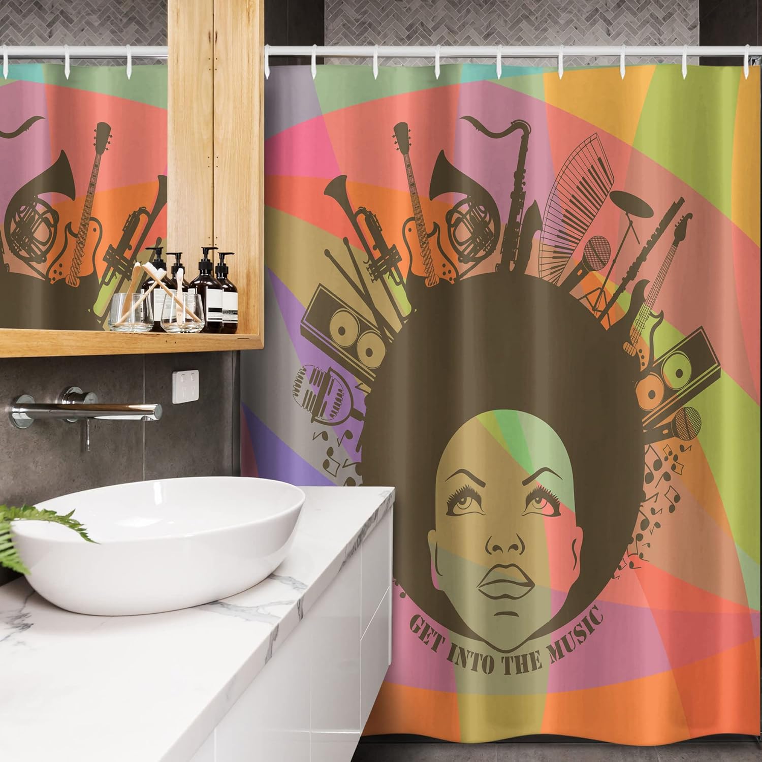 Ambesonne Music Stall Shower Curtain, Illustration of American Young Woman Portrait with Musical Instruments Print, Fabric Bathroom Decor Set with Hooks, 54" W x 78" L, Multicolor Purple