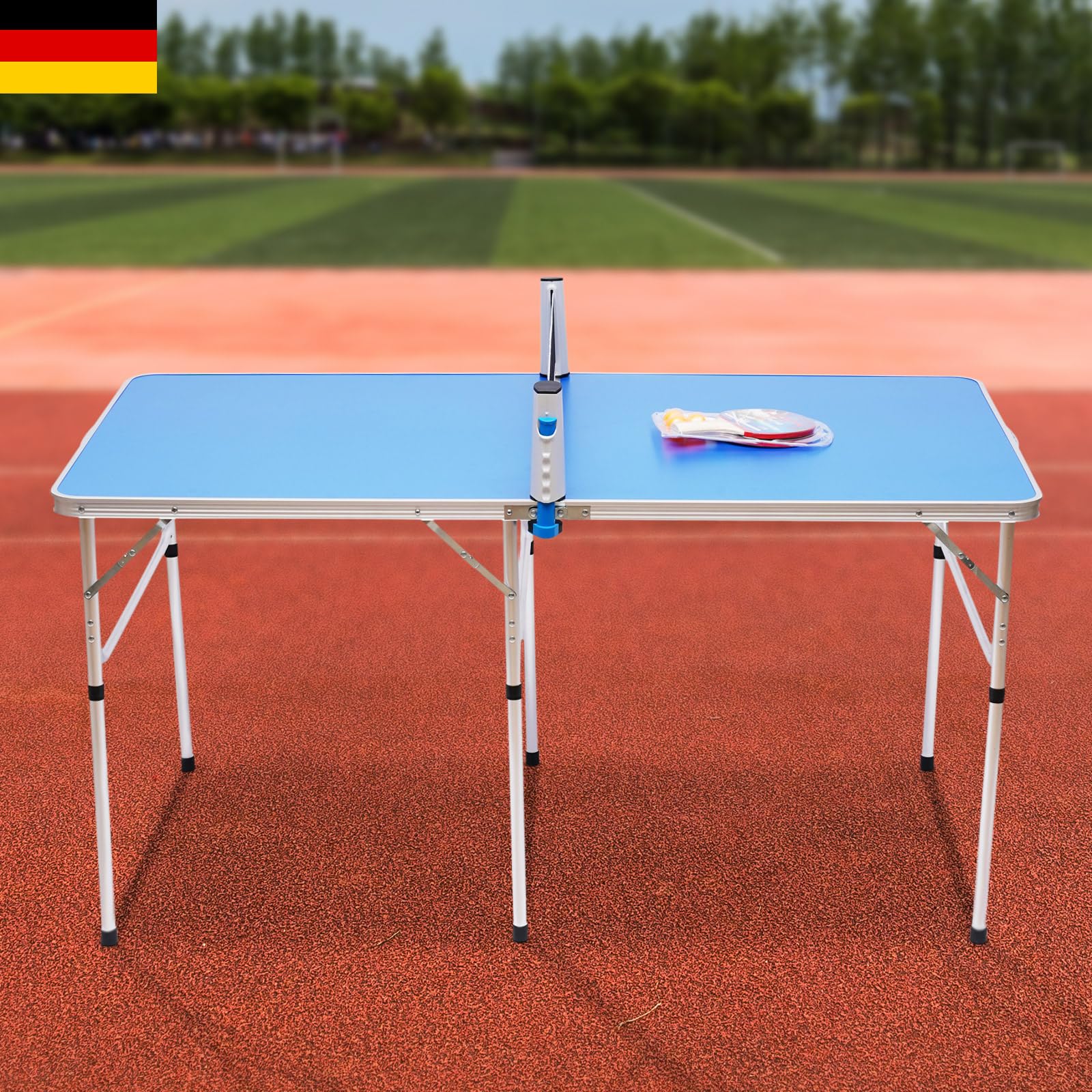 Mini tavolo pieghevole per interni ed esterni, robusto telaio in acciaio, compatto, con manico portatile 152 x 76 x 76 cm, con rete, due racchette e pallone da ping pong, perfetto per