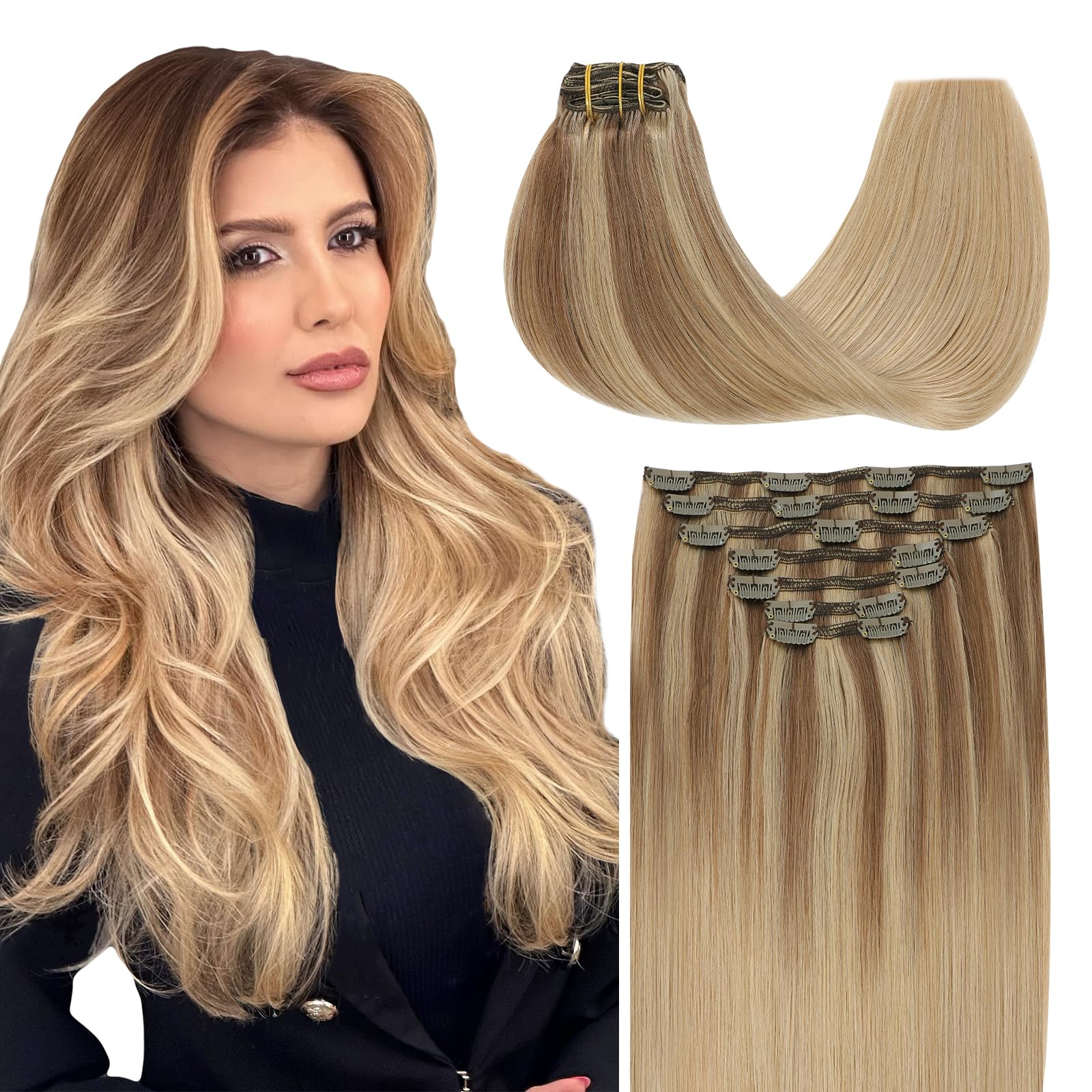 SURNEL Clip in Extensions Echthaar 45cm Hellbraun mit Goldblond Clip Extensions Echthaar Extensions Remy Echthaar Extensions 160g 7 Stück(7C#101616-18Zoll)
