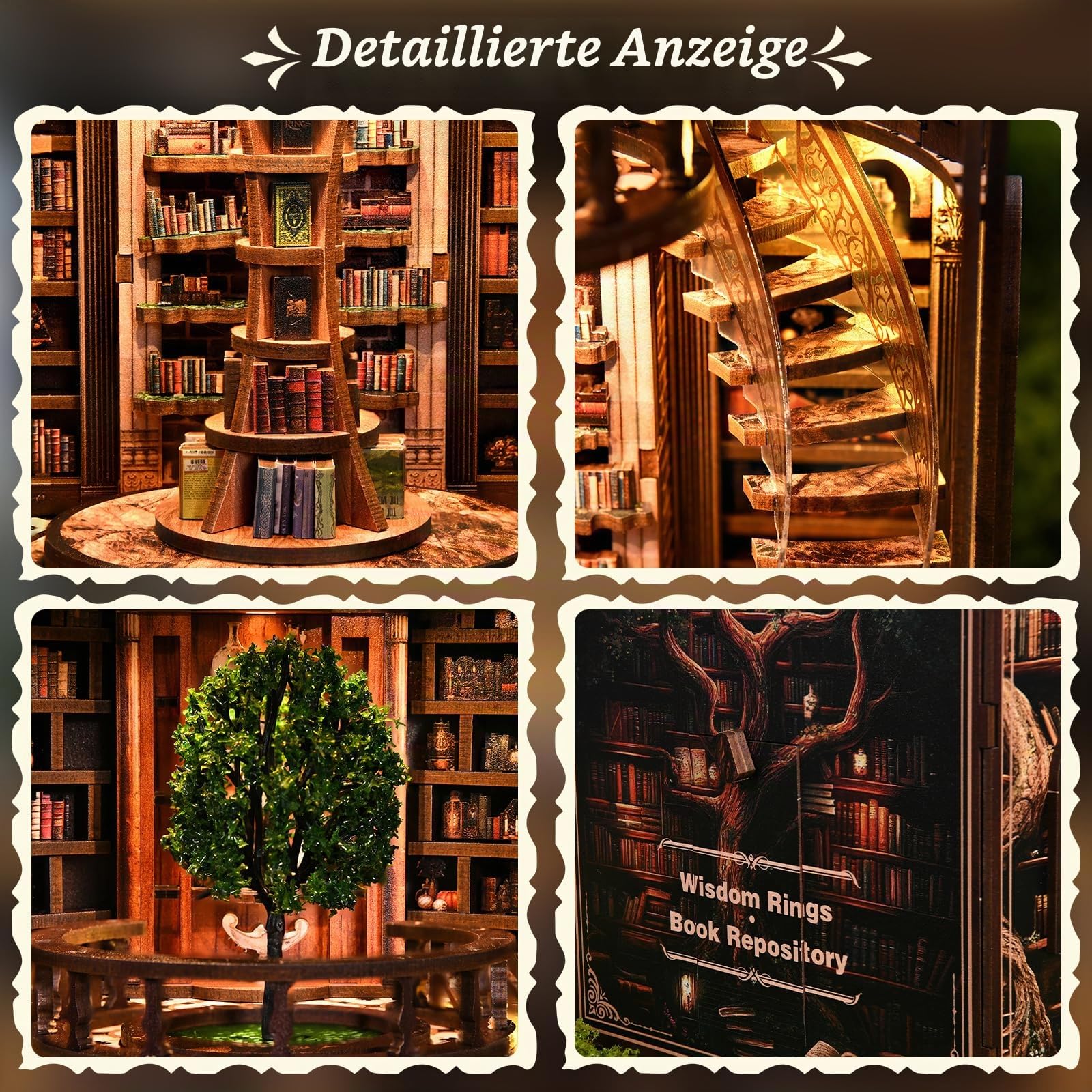 Book Nook Kit Profi DIY Holz Bücherregal Einsatz mit LED Licht – 3D Miniatur Bibliothek mit Doppel-Spiral-Treppe, Anspruchsvolles Holzpuzzle für Erwachsene, Sammler Booknook (Jahresringe der Weisheit)