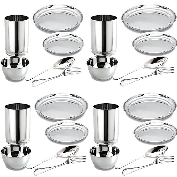 King International Stainless Steel Full Plate,Quarter Plate,Glasses,Katori,Spoon,Fork,Set of 24 Pieces