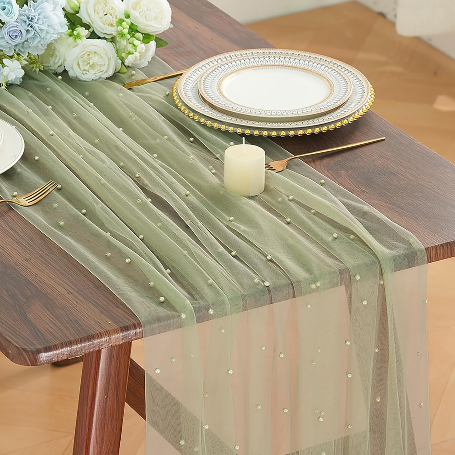 Amazon.com: LigneDouce Pearl Table Runner Sage Green Tulle 120 Inch ...