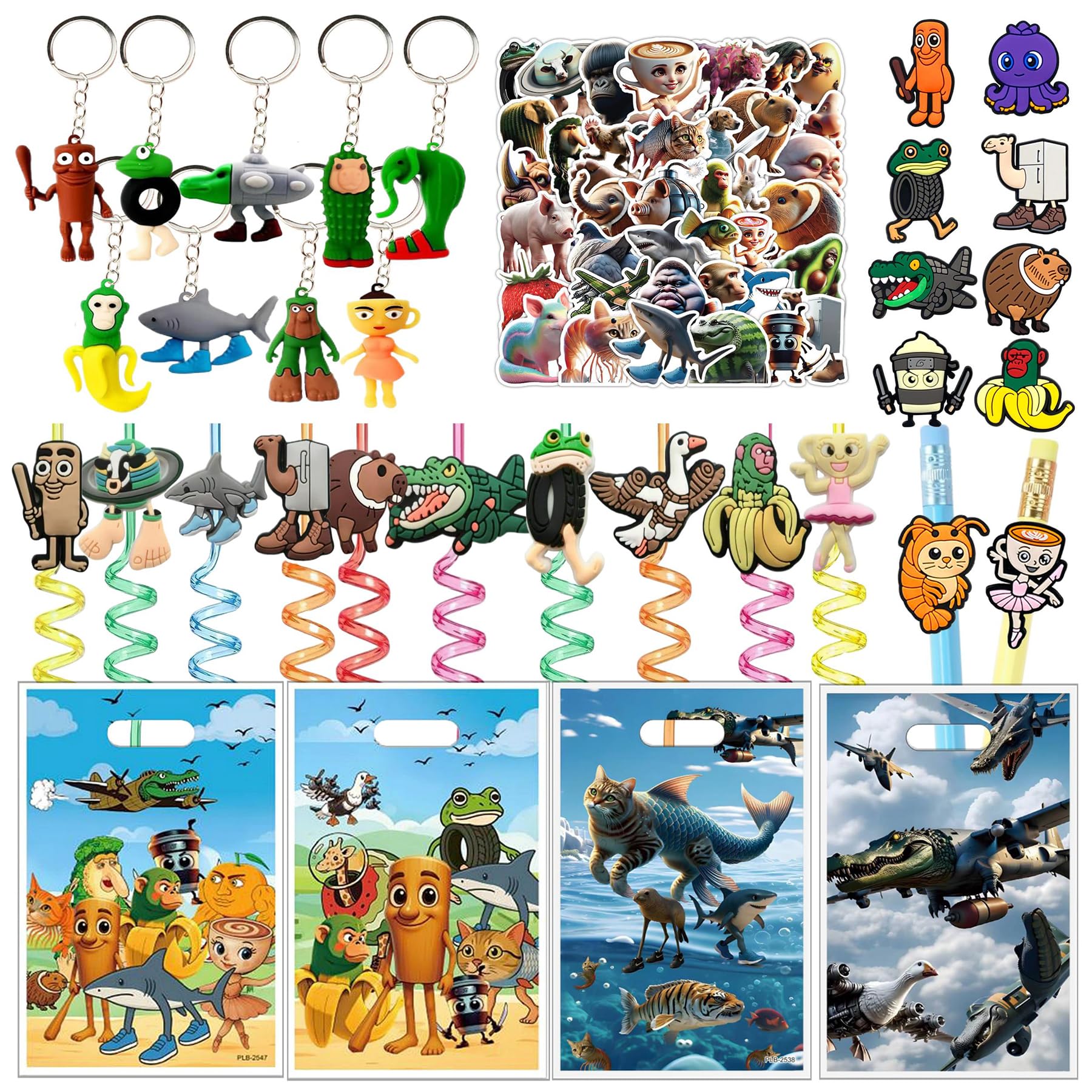 Rolpants Italian Brainrot Party Bags Fillers, 90 Pcs Party Favors Pack Prizes Gifts, 10 Treat Goodie Bags, 10 Keychain