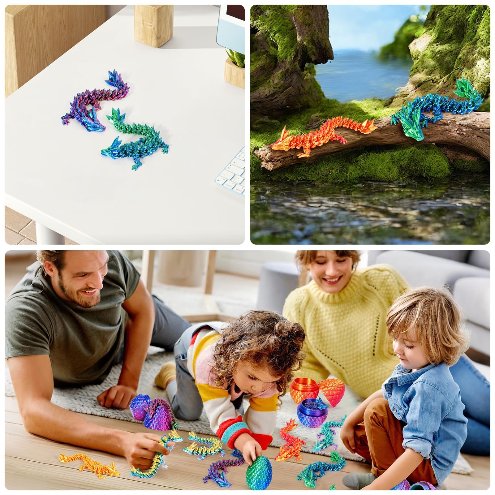 Set de 4 Huevos de dragón Impresos en 3D con Dragones articulados en su Interior Juguete Fidget de dragón para niños y Adultos Decoración para casa Oficina Regalo para Pascua Navidad cumpleaños