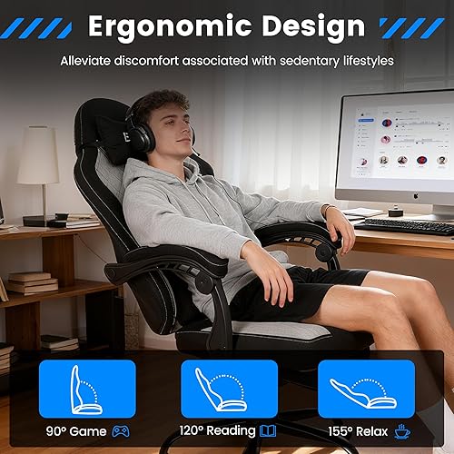 Miniatura 4 de Silla para videojuegos, silla de computadora con reposapiés y soporte lumbar, silla de oficina ergonómica ajustable en altura con asiento giratorio
