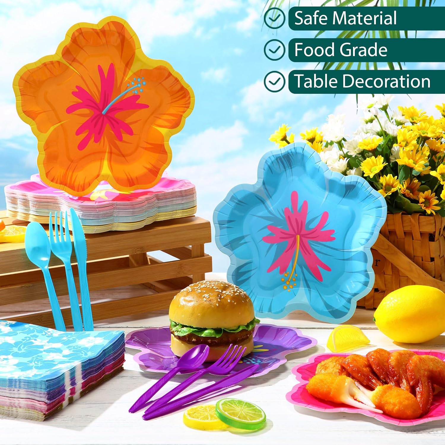 Yungyan 300 Pcs Hibiscus Floral Paper Plates Napkins Bulk Hawaiian Luau Party Tableware Set Hibiscus Flowers Disposable Plates Forks Summer Hawaiian Safari Party Supplies Decoration Serves 60 Guests