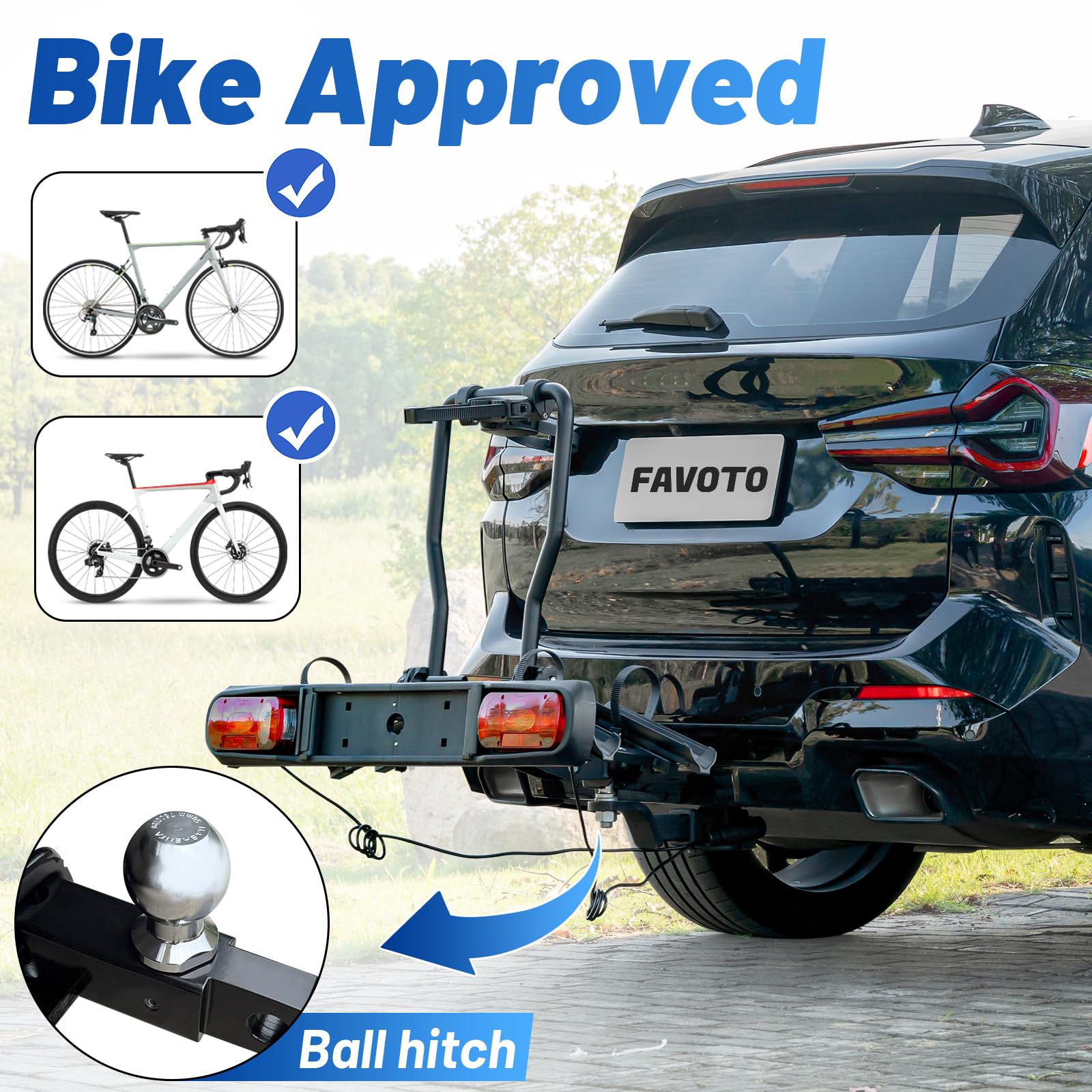 Favoto Portabici da Gancio Traino per 2 Biciclette - Pieghevole con Ruote e Serratura Capacità 50kg Adatto a Pneumatici fino a 2.25" Struttura in Alluminio Facile da Trasportare